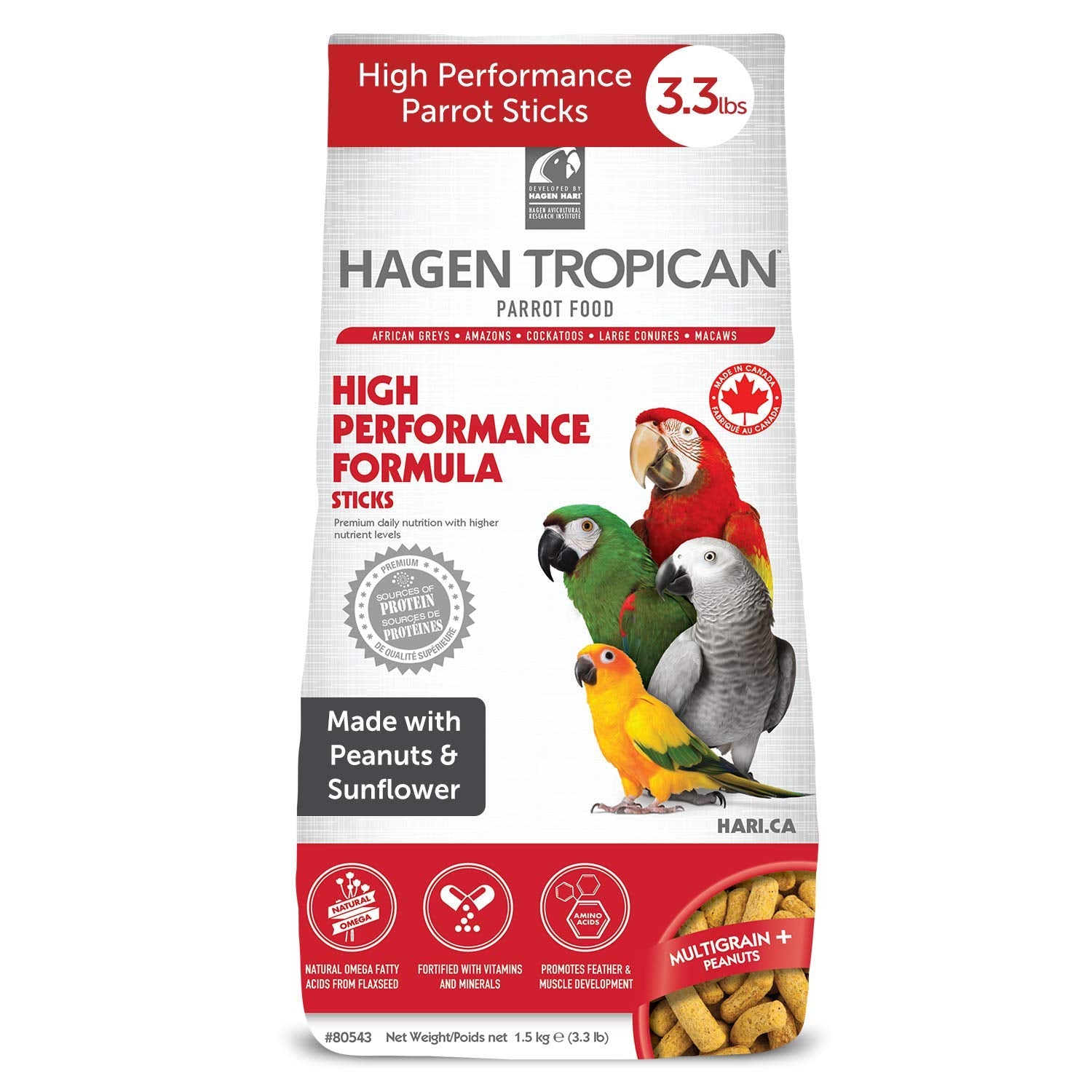 Hari Hagen Tropican High Performance Parrot Food, 3.3 ib Parrot Sticks with Peanuts & Sunflower Seeds and Higher Nutrition Level