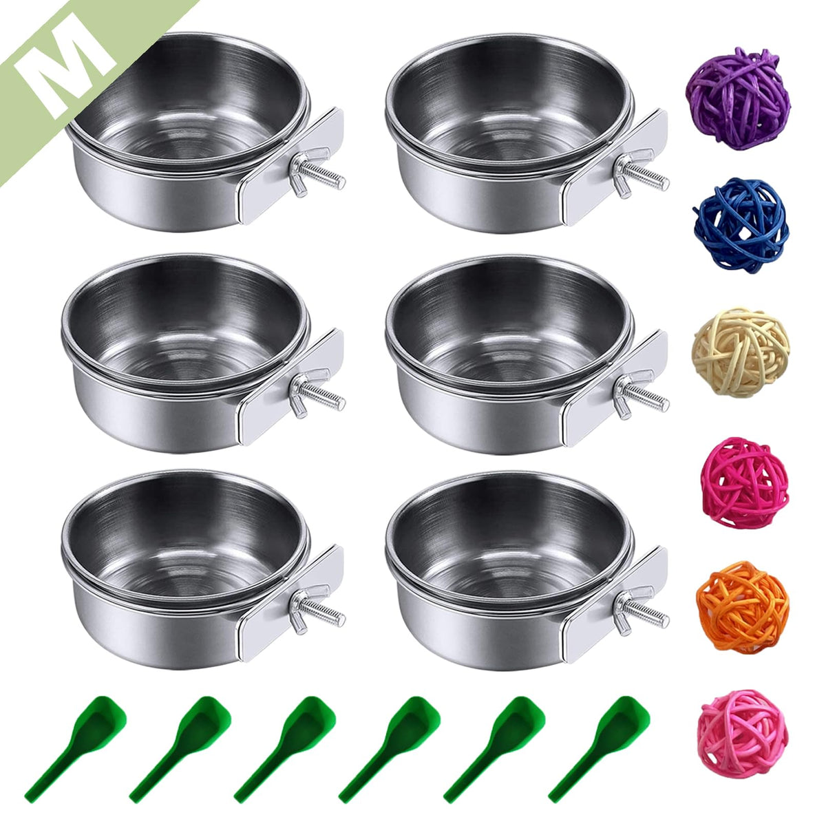 Pinvnby 6 Pieces Stainless Steel Bird Feeding Dish Cups,Parrot Feeder Parakeet Food Water Bowls With Clamp Holder & 6 Pcs Bird Spoon & 6 Pcs Birds Ball Toys For Budgies Macaw Small Animal(M)