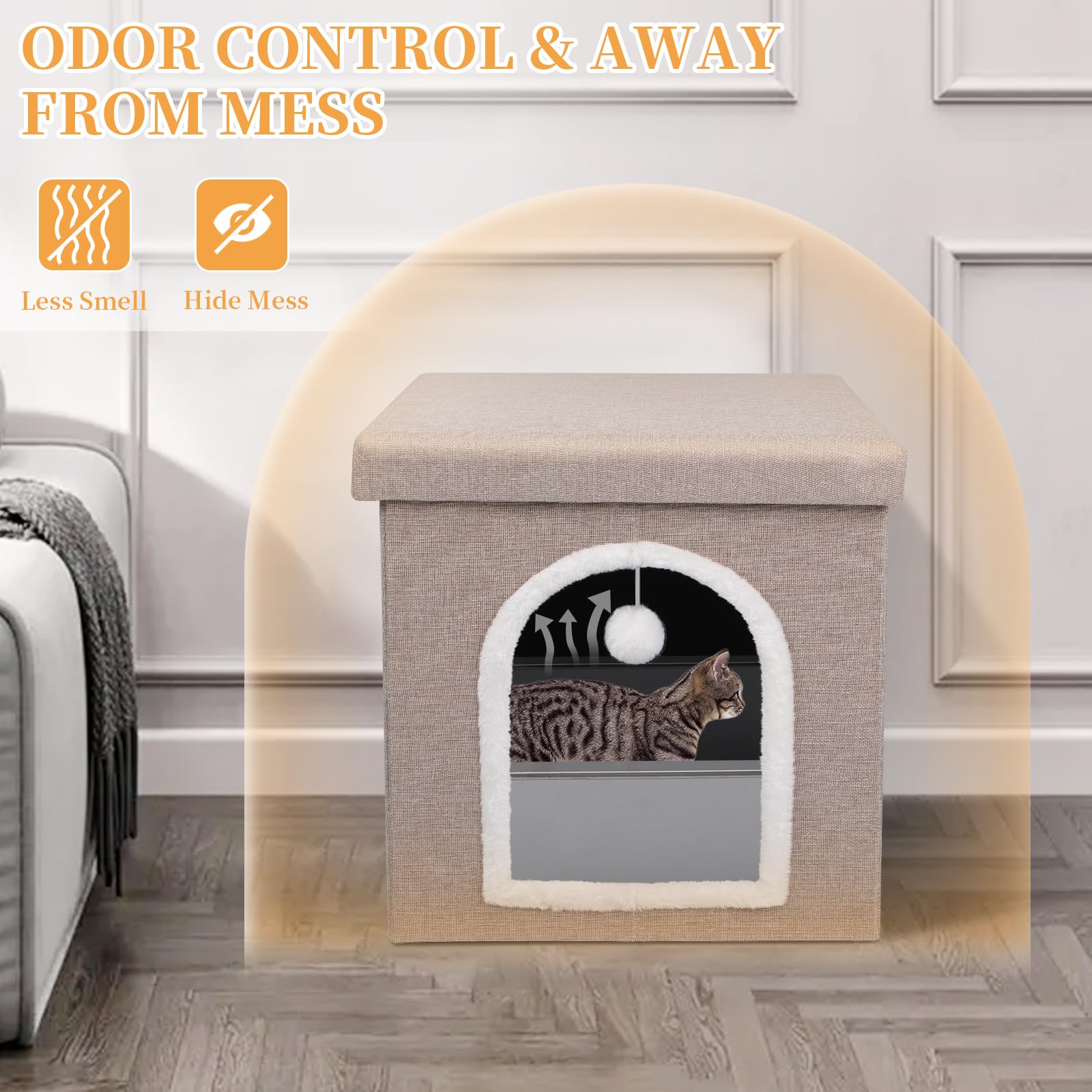 Cat Litter Box Enclosure, Foldable Hidden Litter Box With Mesh Storage Bag, Litter Box Furniture Hidden With Waterproof Inside,