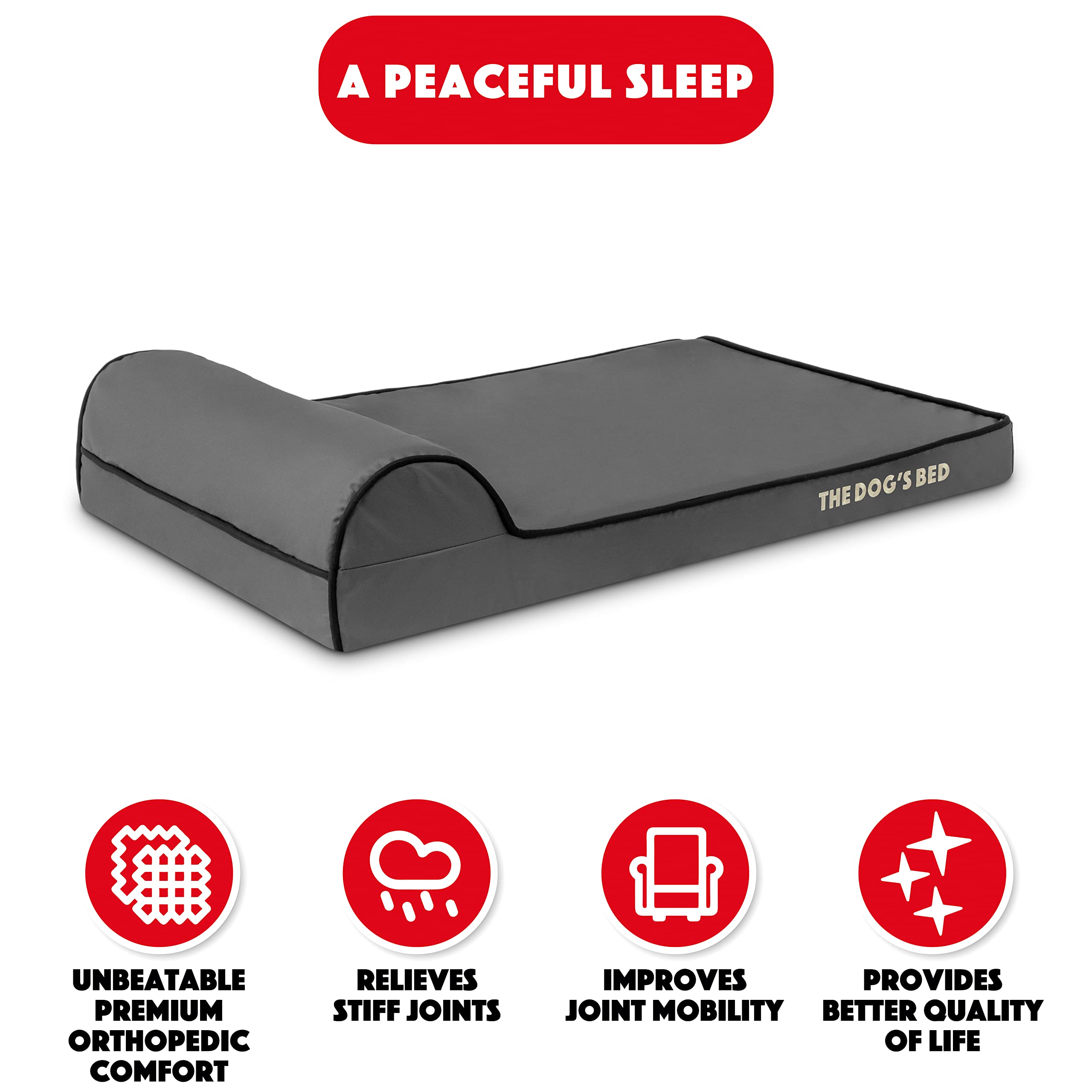 The Dog's Balls Orthopedic Dog Bed, Medium 34x22, Grey/Black, Memory Foam, Pain Relief for Arthritis & Post Surgery, Waterproof Cover