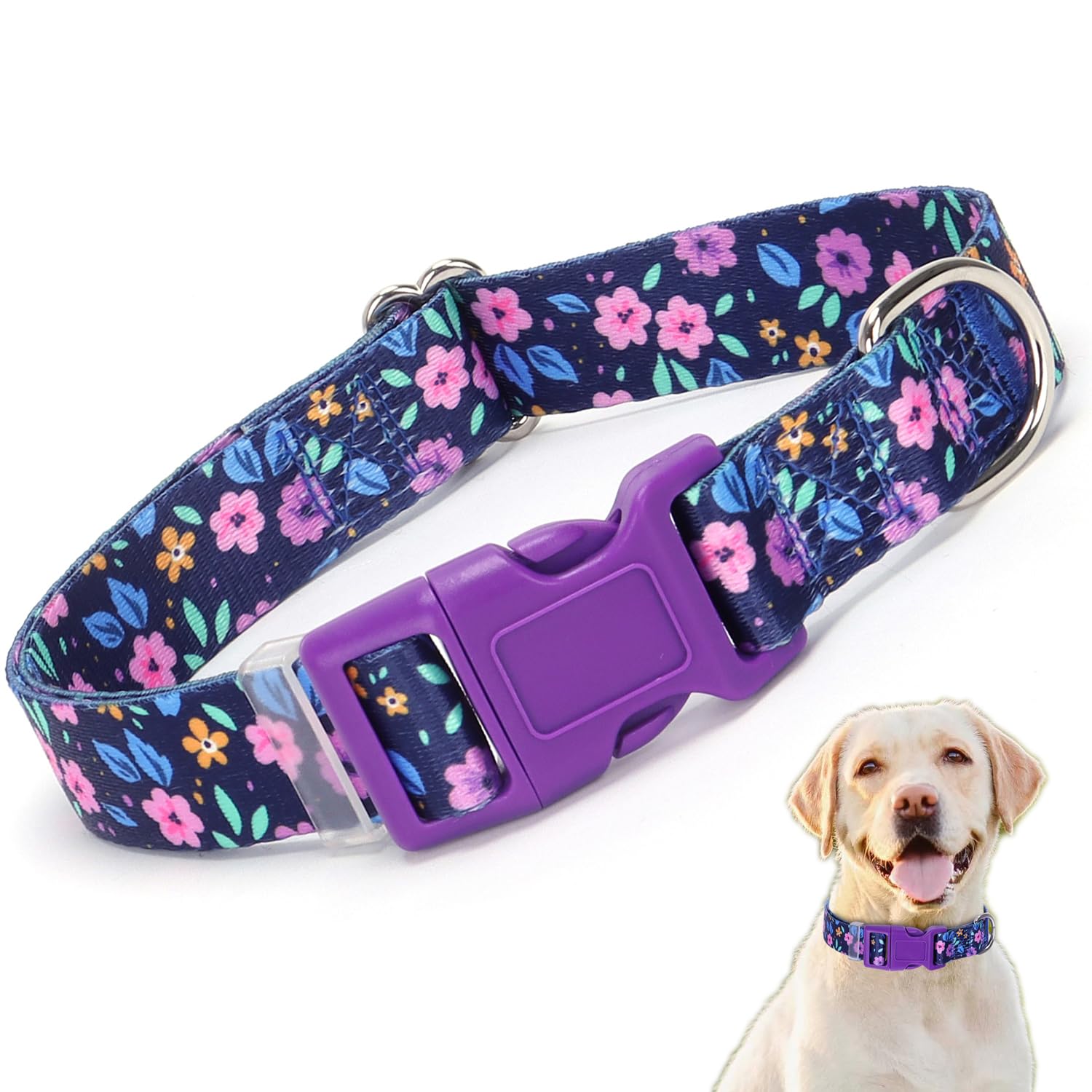 Purple Dog Collar with Flower, Pretty Floral Pattern Design Quick Release Buckle Soft Nylon Female Collars Adjustable for Xs Sma