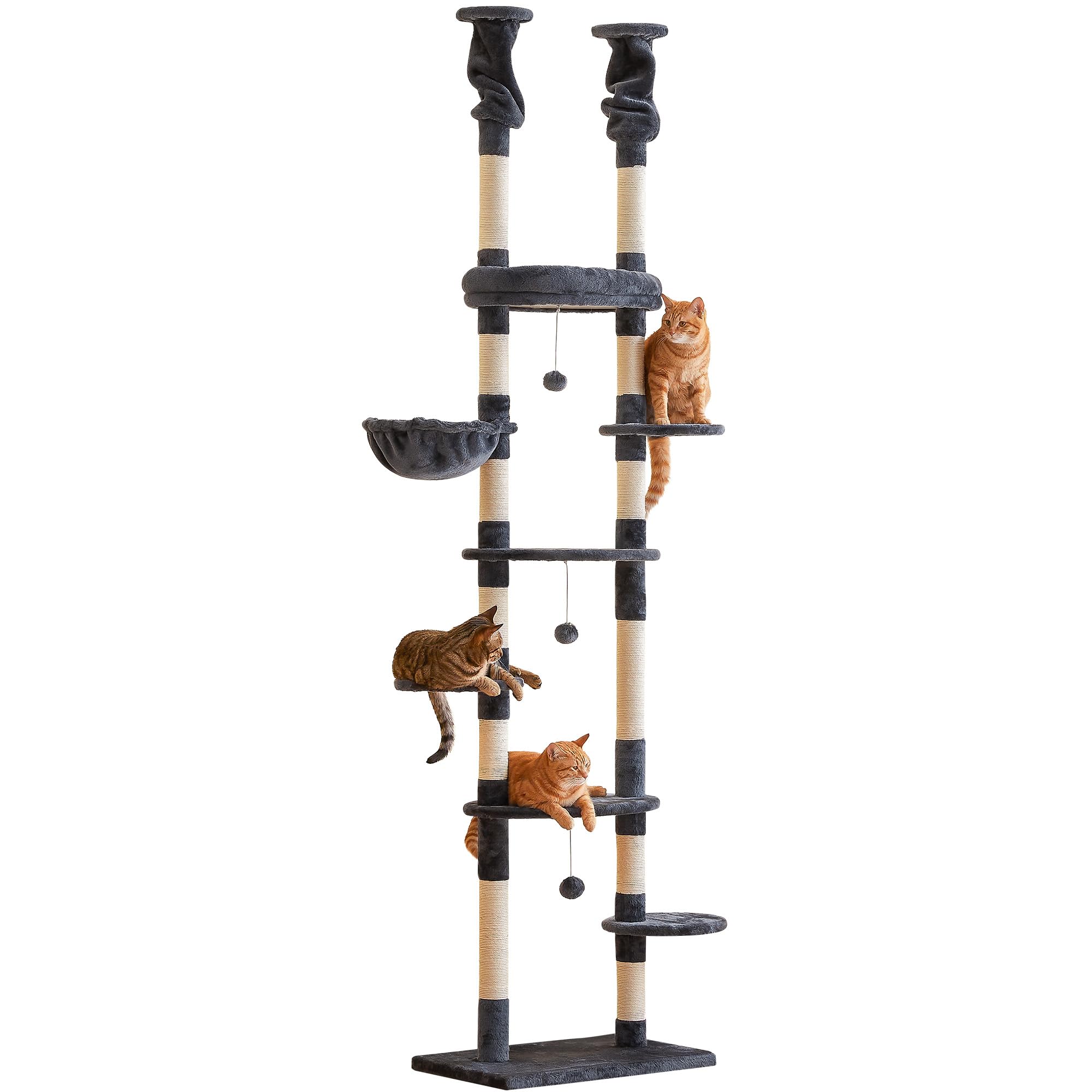 Furcato Cat Tree, Floor To Ceiling Cat Tower Adjustable Height [92-102 Inches=234-258Cm], 7 Tiers Cat Climbing Tree With Hammock