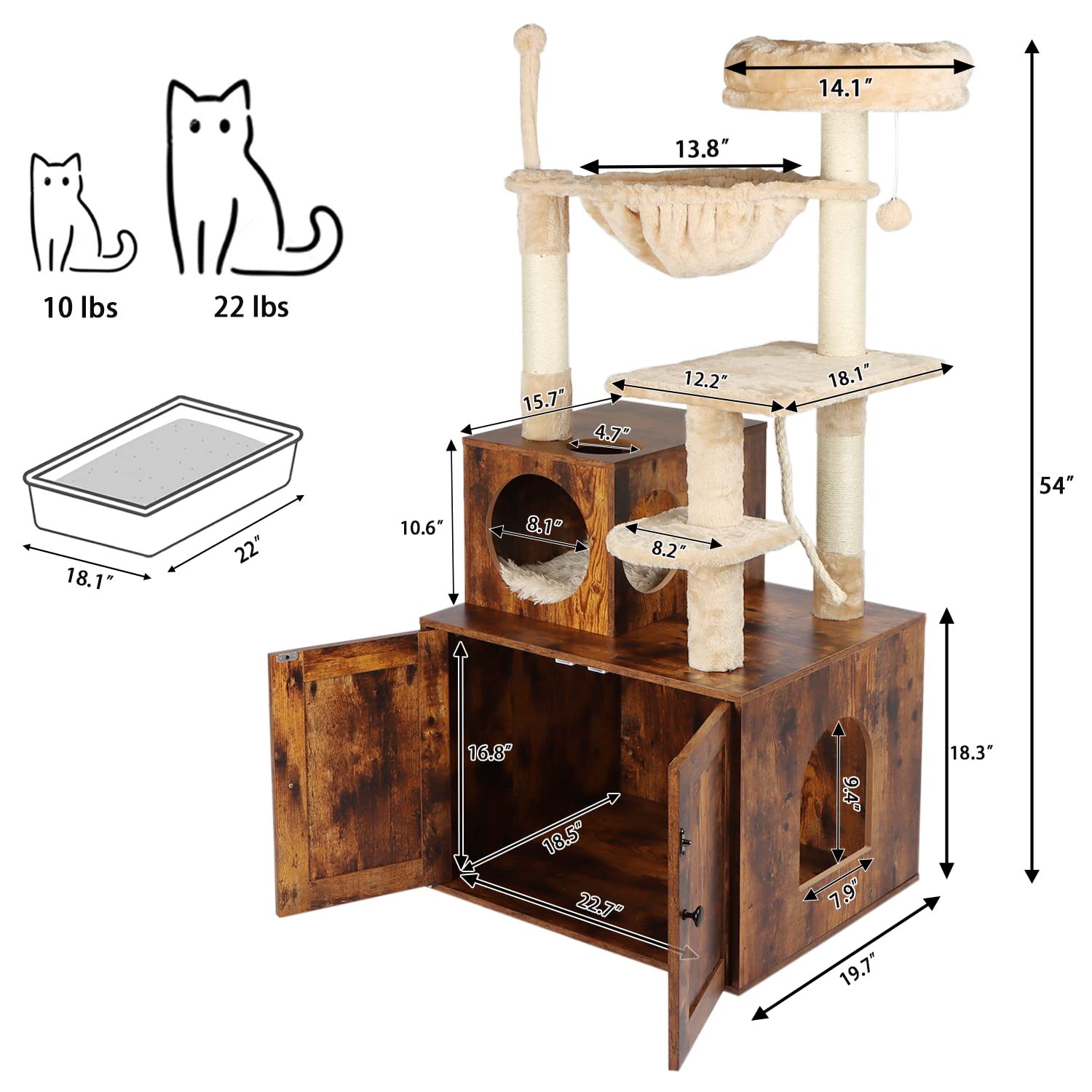 Timberer Cat Tree With Litter Box Enclosure, 2-In-1 Cat Tower For Indoor Cats, Large Wood Cat Condo With Basket, Scratching Post