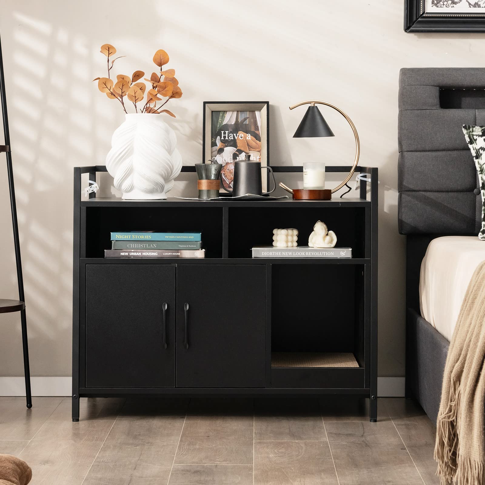 Petsite Cat Litter Box Enclosure, Litter Box Cabinet With Cat Scratcher, 2-Door Storage Cabinet, 2 Open Compartments And Air Vents, Wooden Hidden Litter Box Furniture, Black