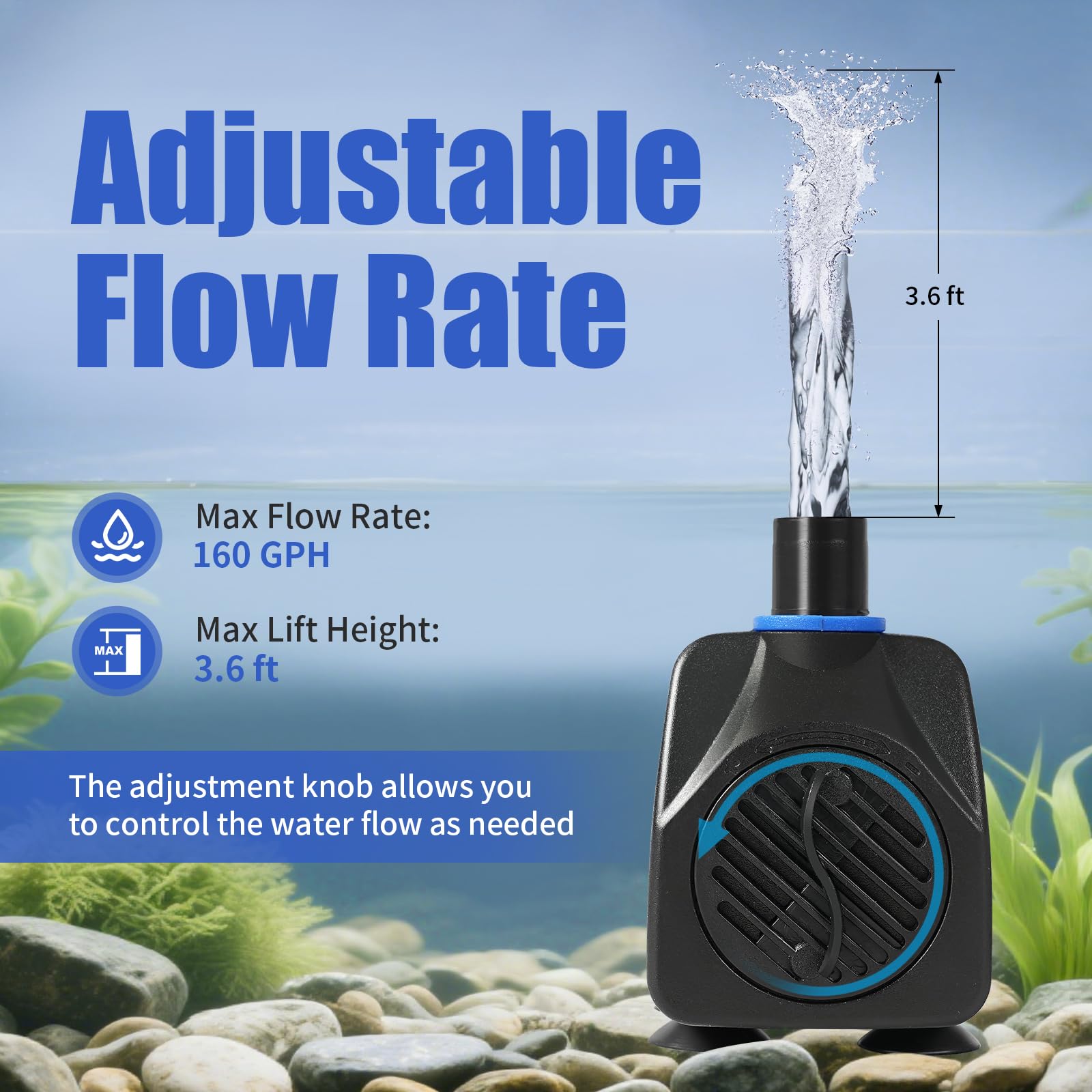 AQUANEAT Small Fountain Pump, 160 GPH Mini Submersible Water Pump with 3.3 ft Tubing, for Aquarium Fish Tank, Pet Water Fountain