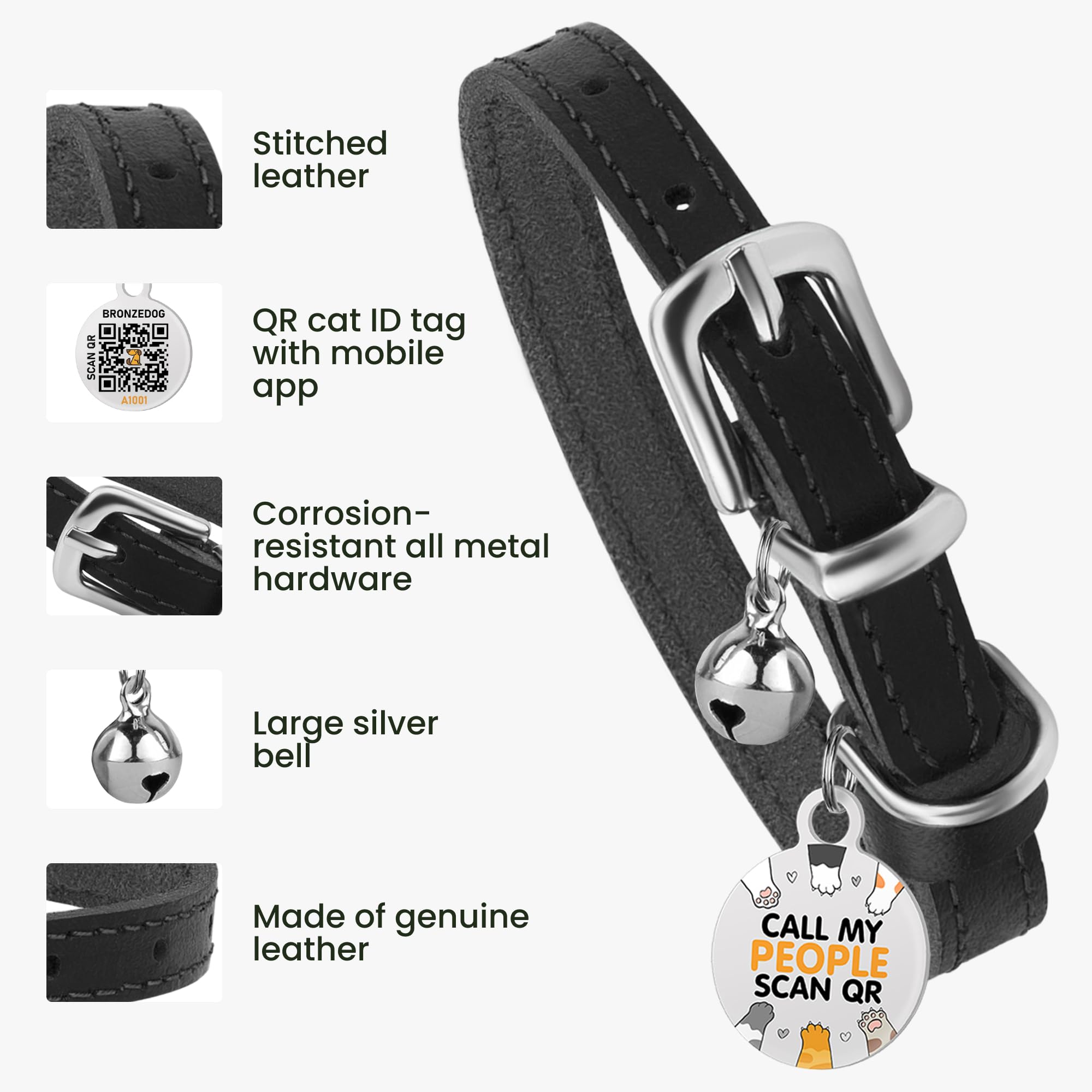 Bronzedog Leather Cat Collar With Removable Bells Non Breakaway Kitten Qr Tag For Girl Boy (7' - 9' For Cats, Black & Silver)