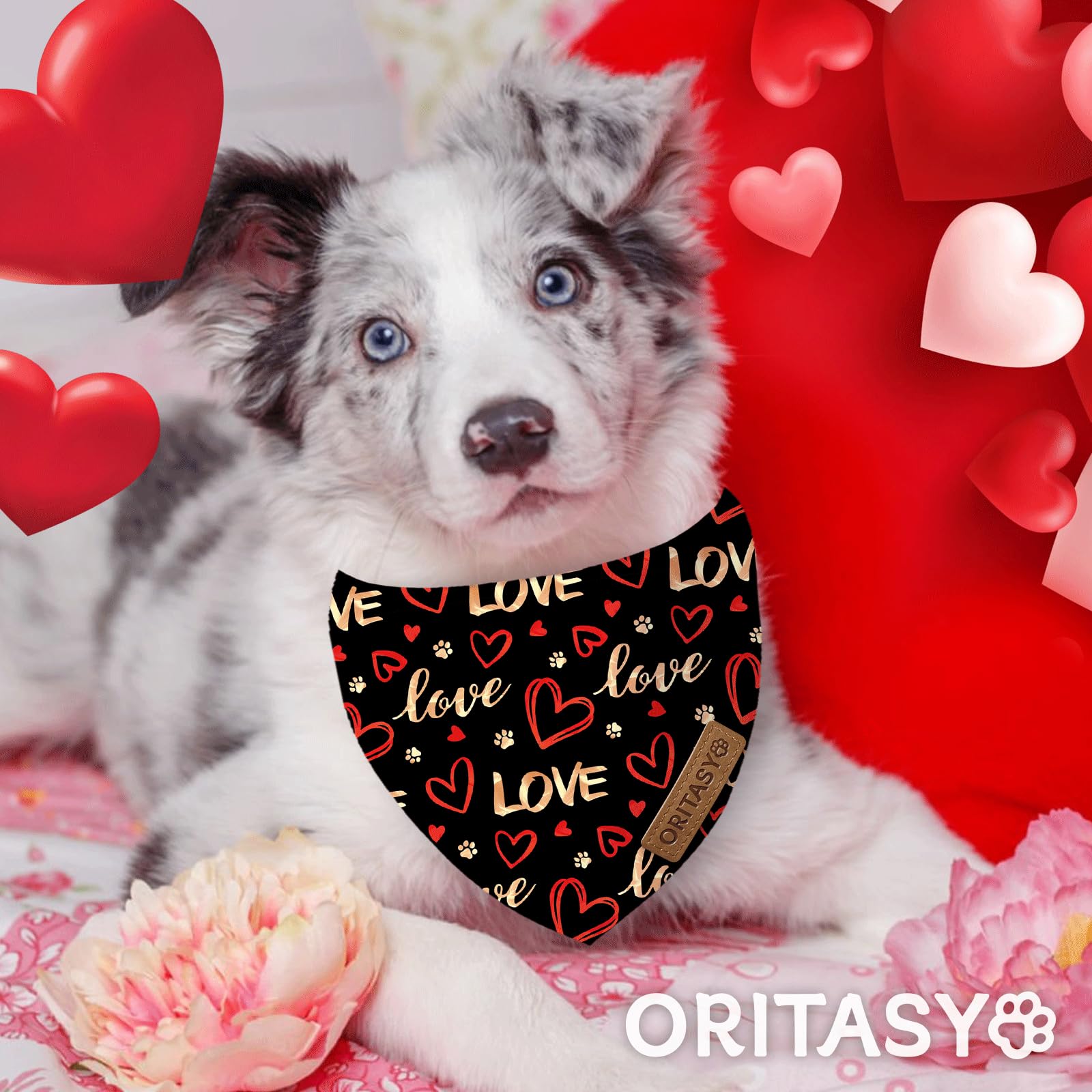 Oritasy Valentines Day Dog Bandanas, 2-Pack Triangle Reversible Love Pet Scarves, Premium Fabric Bandana (Large, Style 2)