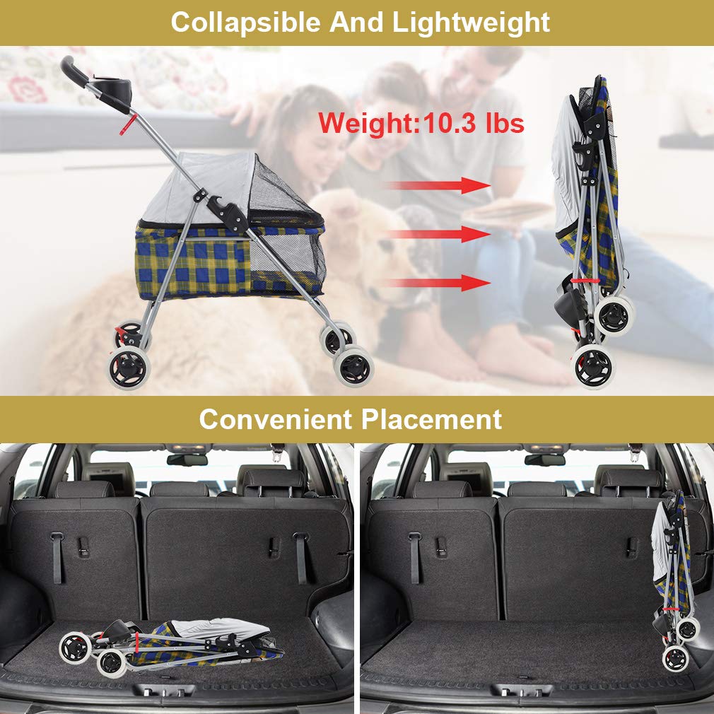 BestPet Pet Stroller 4 Wheels Posh Folding Waterproof Portable Travel Cat Dog Stroller with Cup Holder (Yellow Plaid)