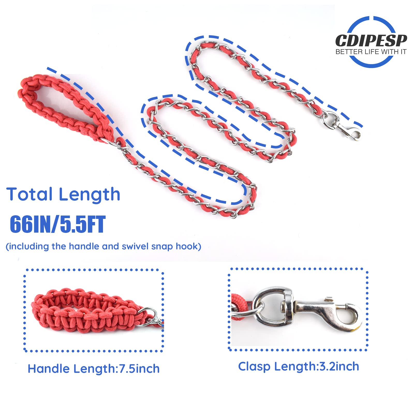 Chew Proof Dog Leash 5.5Ft Heavy Duty Dog Leashes Metal Pet Chain Lead With Soft Rope Handle For Medium Large Dogs