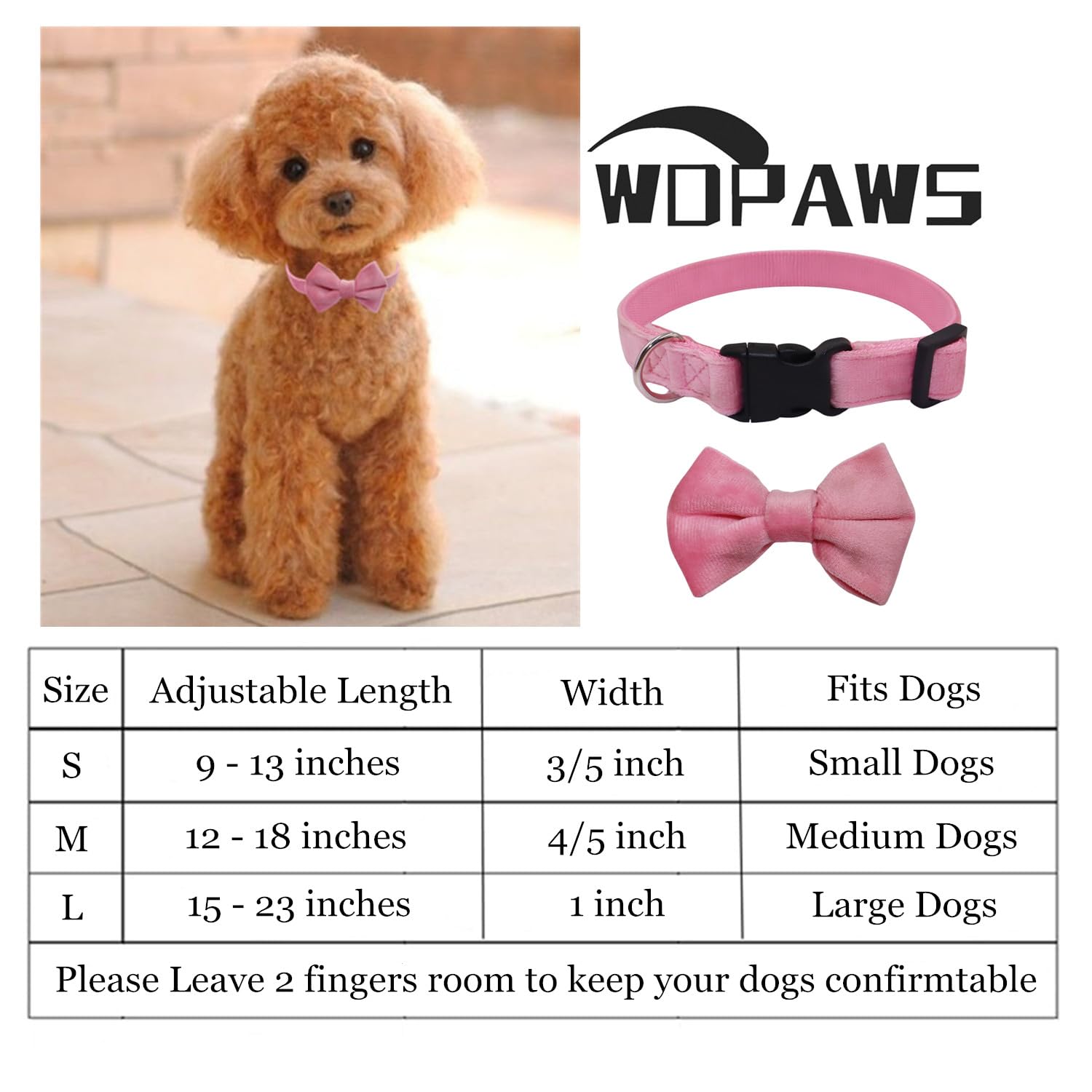 Wdpaws Dog Collar With Bowtie Soft Velvet Material With Quick Release Buckle For Large Dogs (Pink, L)