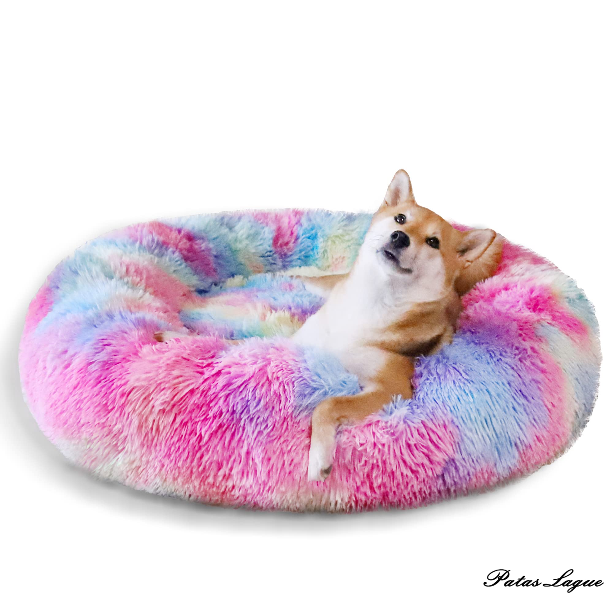 Patas Lague Calming Dog Bed For Small Dogs, Fluffy Soft Cozy Cat Bed, Faux Fur Anti-Anxiety Plush Donut Cuddler, Washable Pet Bed For All Seasons (20 In, Mixed Rainbow)