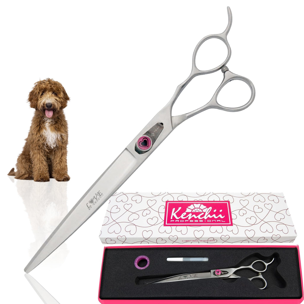 Kenchii Love Left Handed Dog Grooming Scissors, 8 Inch Curved Shears, Dog Scissors For Grooming, Professional Pet Grooming Sciss