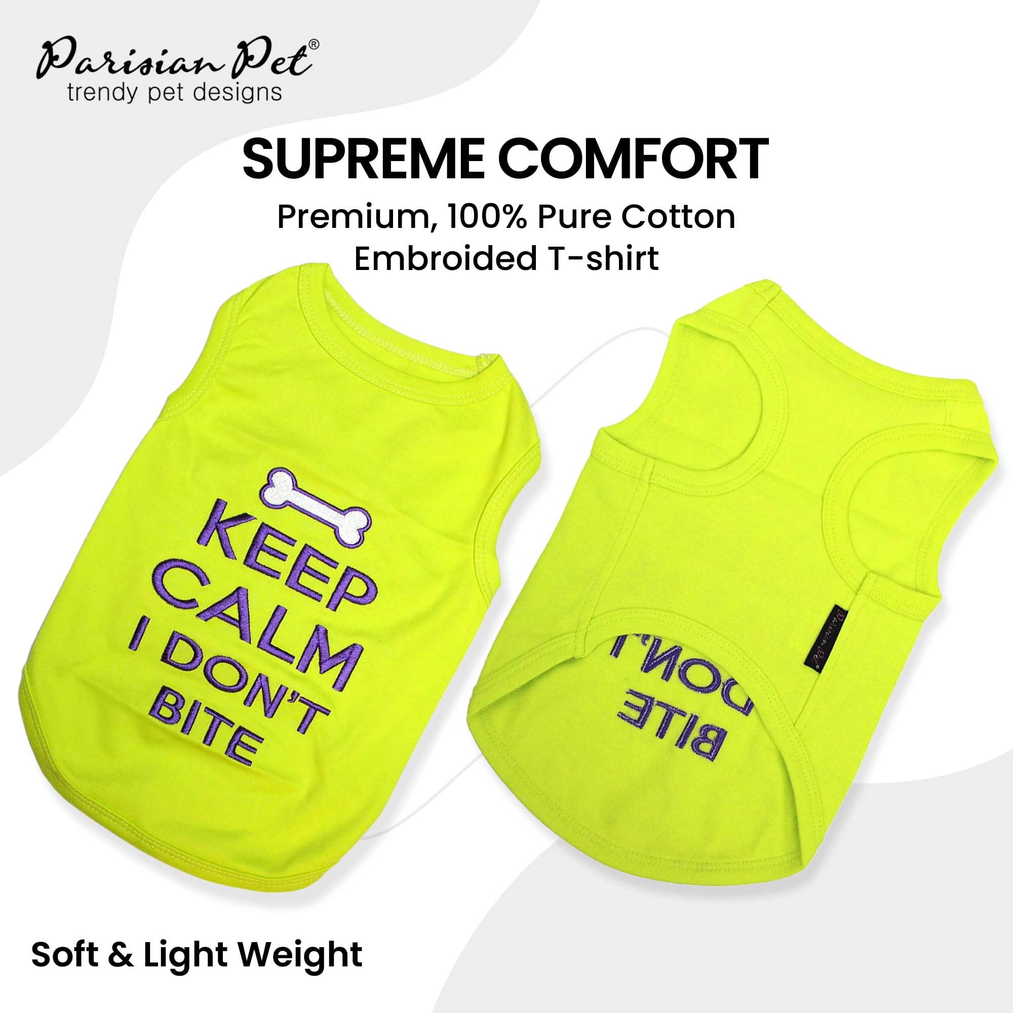 Parisian Pet Dog Tshirt - Embroidered “Keep Calm I Dont Bite“ Dog Shirt - Breathable And Lightweight Dog Clothes - Sleeveless Dog Tee Shirts - Machine Washable Dog Shirt For Large Dogs - L