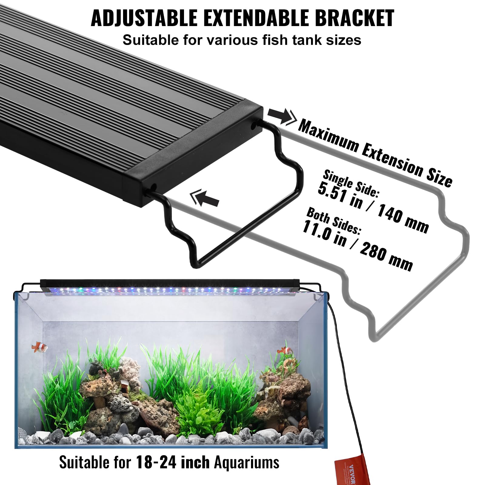 Vevor Aquarium Light, 14W Full Spectrum Fish Tank Light With 5 Levels Adjustable Brightness, Adjustable Timer And Power-Off Memo
