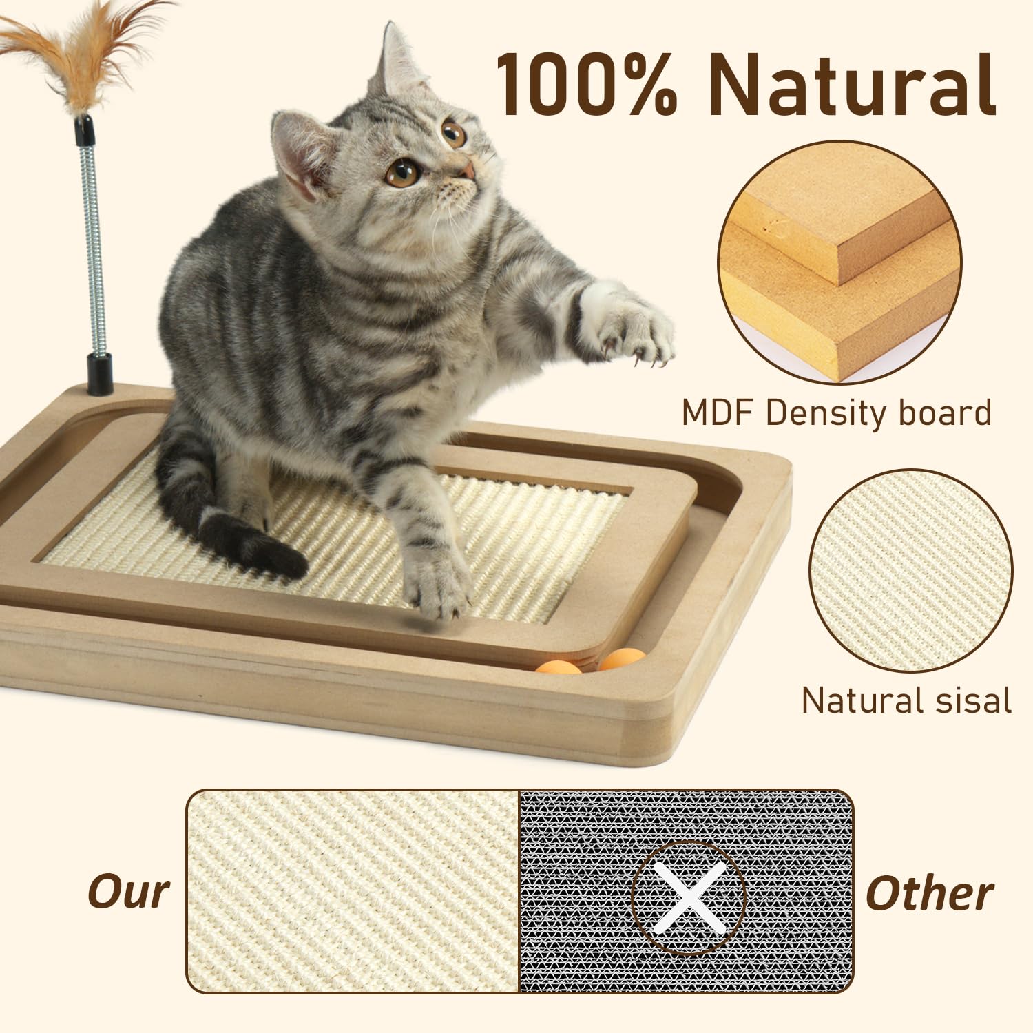 Peekab Cat Scratcher,Sisal Scratching Board With Track Ball Interactive Toy And Swing Feather Toys For Indoor Cats And Kittens,L