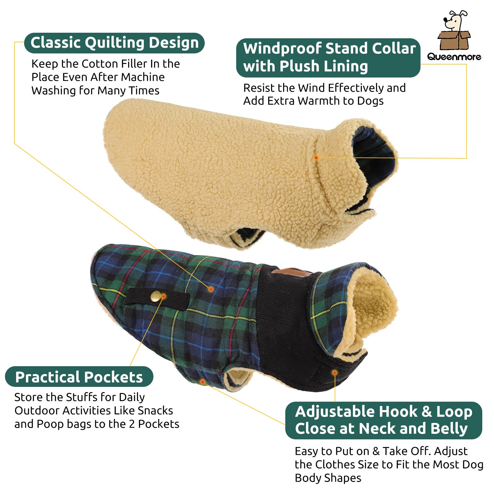 Queenmore Warm Dog Jacket For Cold Weather, Quilted Puffer Plaid Coat With Waterproofing, Fleece Padding, Leash Hole - Small/Med
