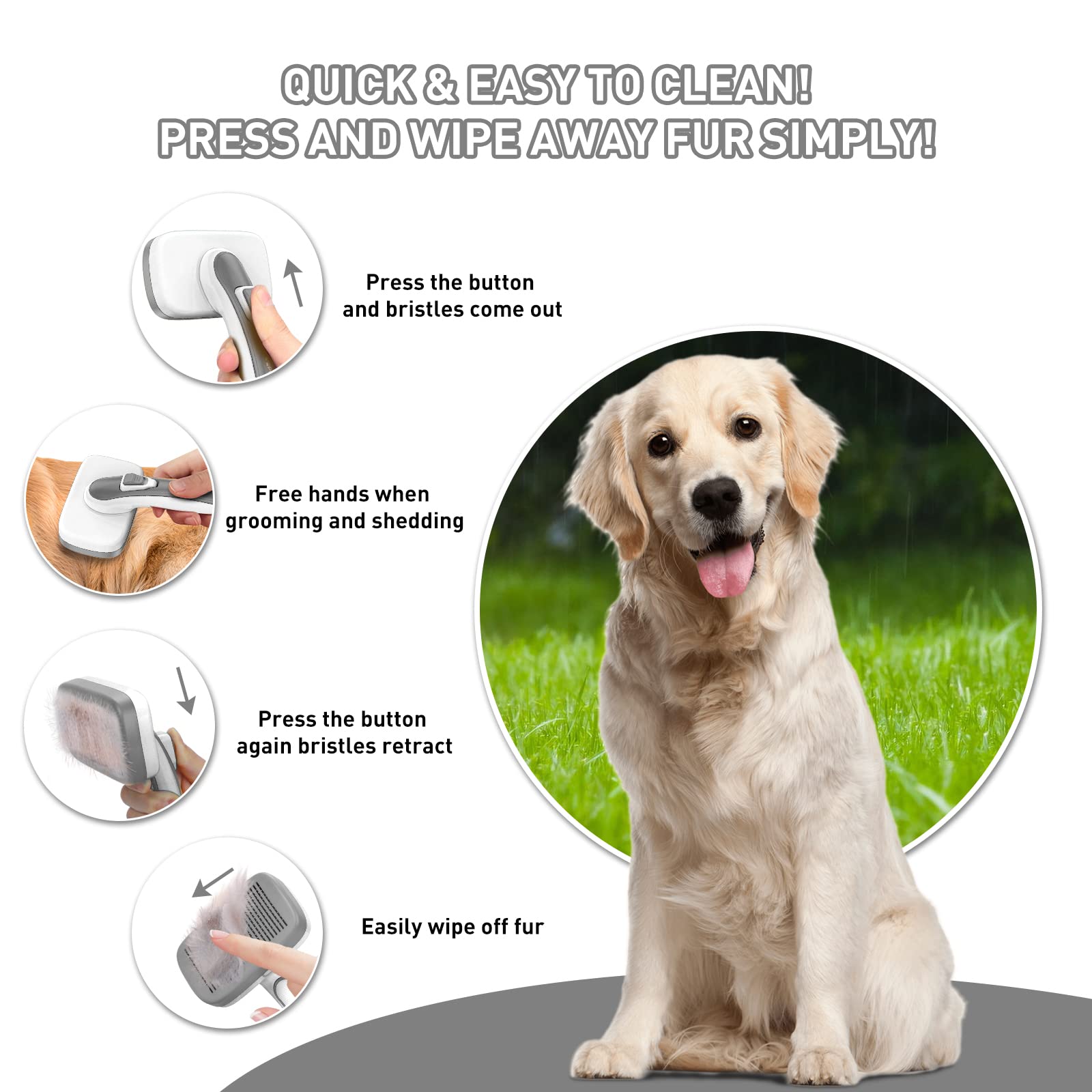 Dogs Cats Self Cleaning Slicker Brush For Shedding & Grooming Any Breed Of Pets, Pain Free Remove Loose Undercoat Knots Mats Tangled Hair For Small Medium Large Animal With Long Short Fur Length-Gray