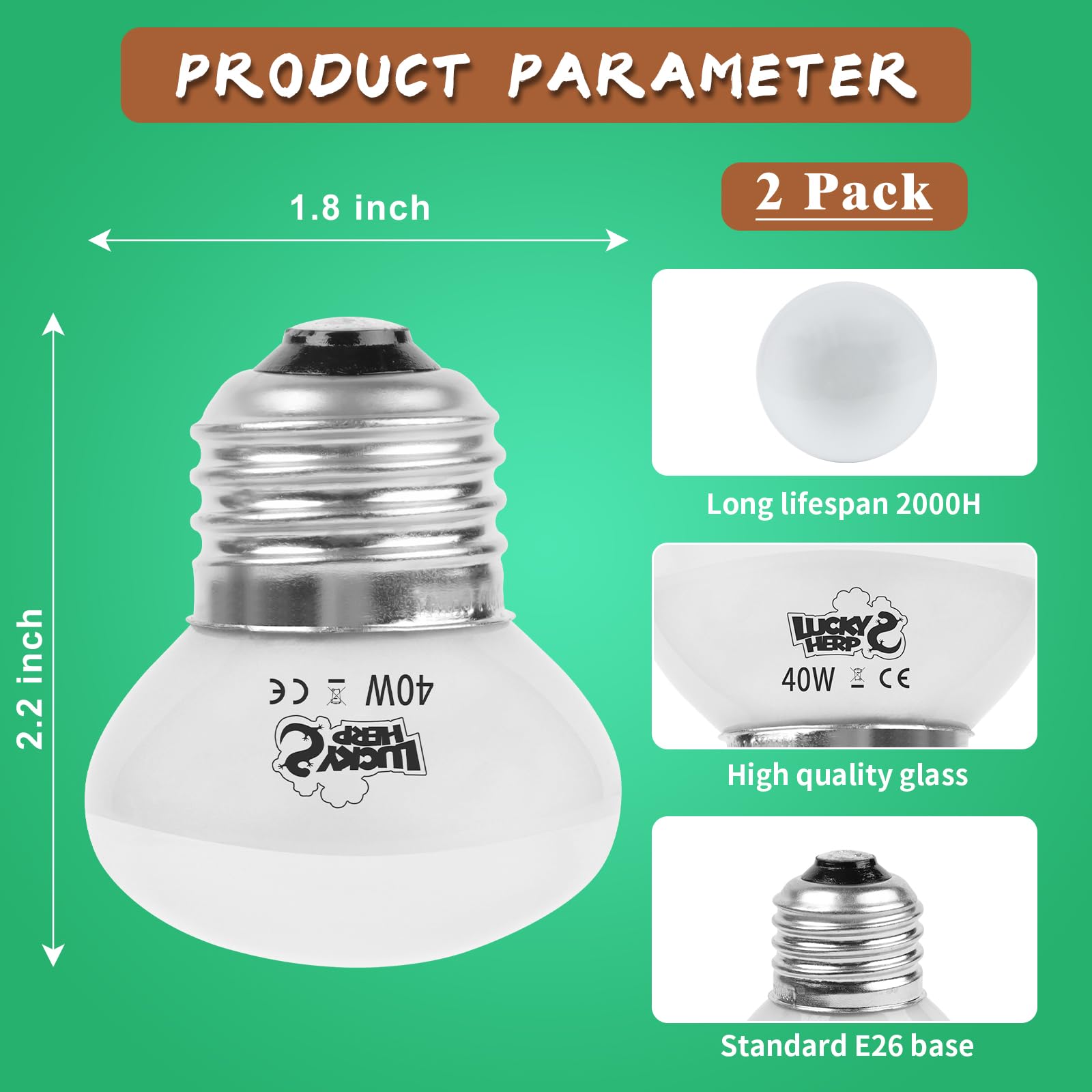 LUCKY HERP 40W Heat Lamp Bulbs 2 Pack - Daylight Basking Spot Light for Reptiles, Amphibians, Chameleons, Snakes, Lizards, Turtl