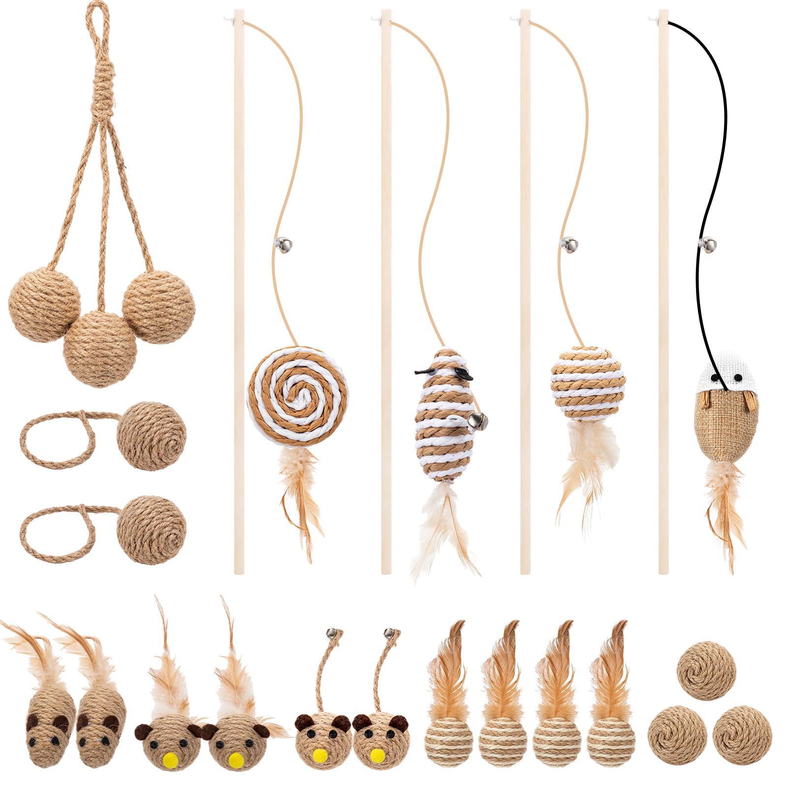 Leitee 20 Pcs Interactive Cat Toys for for Indoor Cats Set, Wooden Cat Wand Toywith Bells Feather Handle Chew Rope Mouse Sisal B