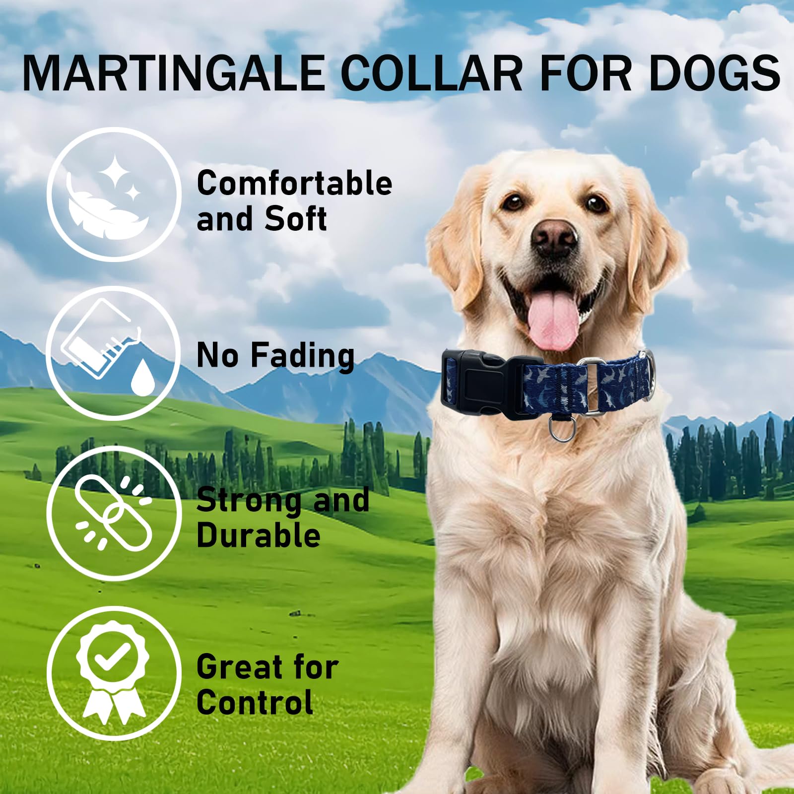 Fidohug Martingale Collar For Dogs With Buckle Shark Dog Collar Adjustable Soft Nylon Boy Dog Collars For Large Dogs, Deep Blue