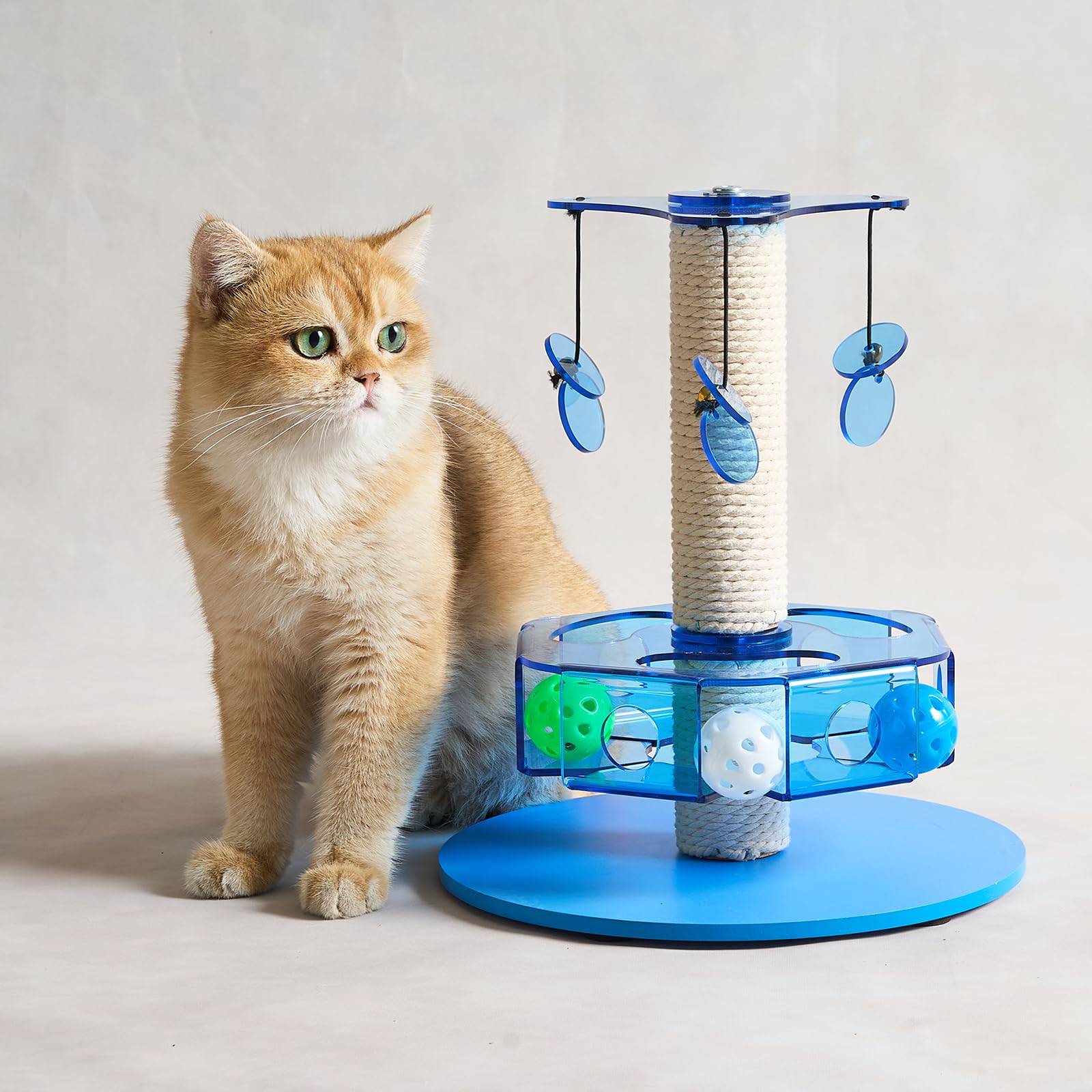 Kicari 3-in-1 Interactive Cat Toy with Scratching Post, Acrylic, Blue, 11.42"x11.42"x13.19", Model Blue-001, Rotating Puzzle