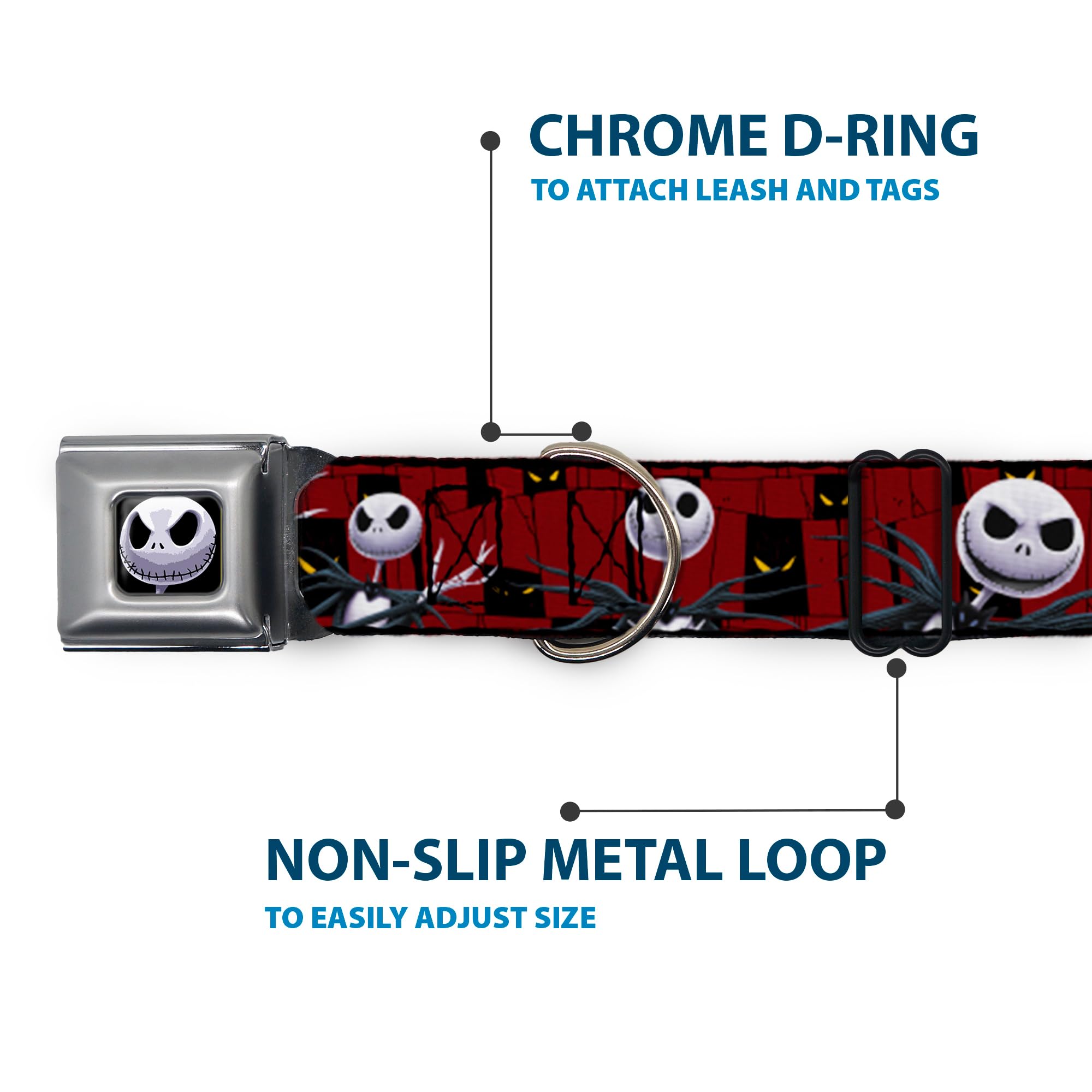 Buckle-Down Seatbelt Buckle Dog Collar - Nightmare Before Christmas 3-Jack Poses/Peeping Eyes Burgundy/Black/Yellow - 1.5' Wide