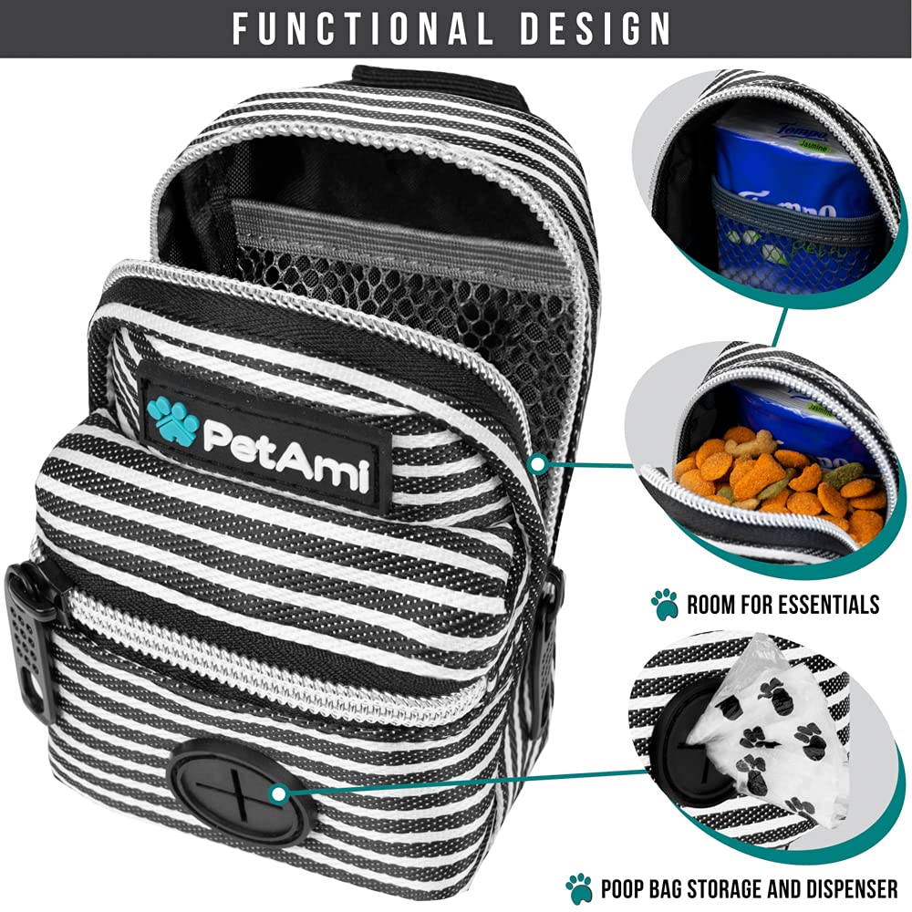 Petami Dog Poop Bag Holder | Dog Waste Bag Dispenser With Clip For Leash And Belt | Portable Fabric Doggy Waste Bag Holder For Walking Hiking Running Travel - With One Roll Of Dog Bag (Stripe Black)