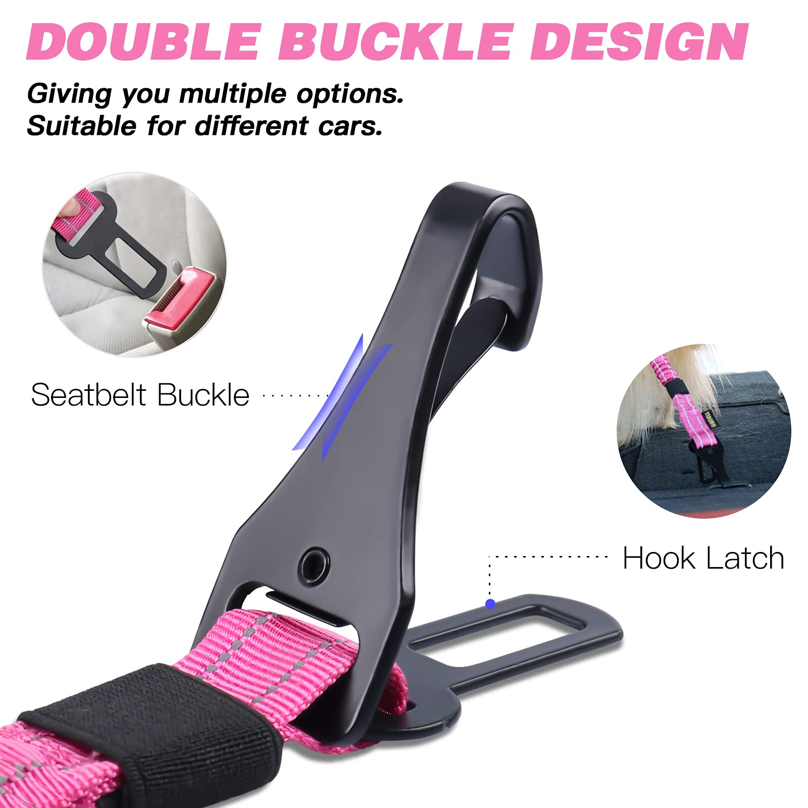 Aubell Dog Seat Belt For Car,2 Pack Set 3-In-1 Adjustable Reflective Bungee Heavy Duty Dog Car Harness Tether With Clip Hook Lat