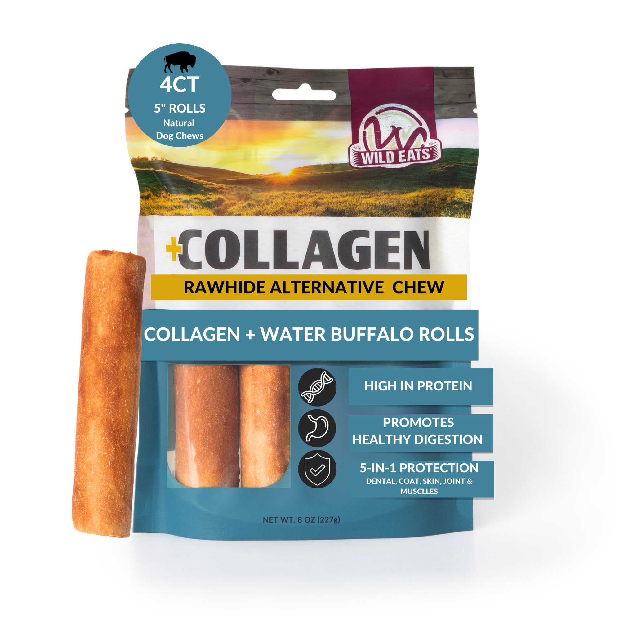 Wild Eats Water Buffalo Flavor Collagen Retriever Style Cheek Rolls 5 Dog Chews-4 Pack (Long Lasting Dog Chews Treats & Bones fo