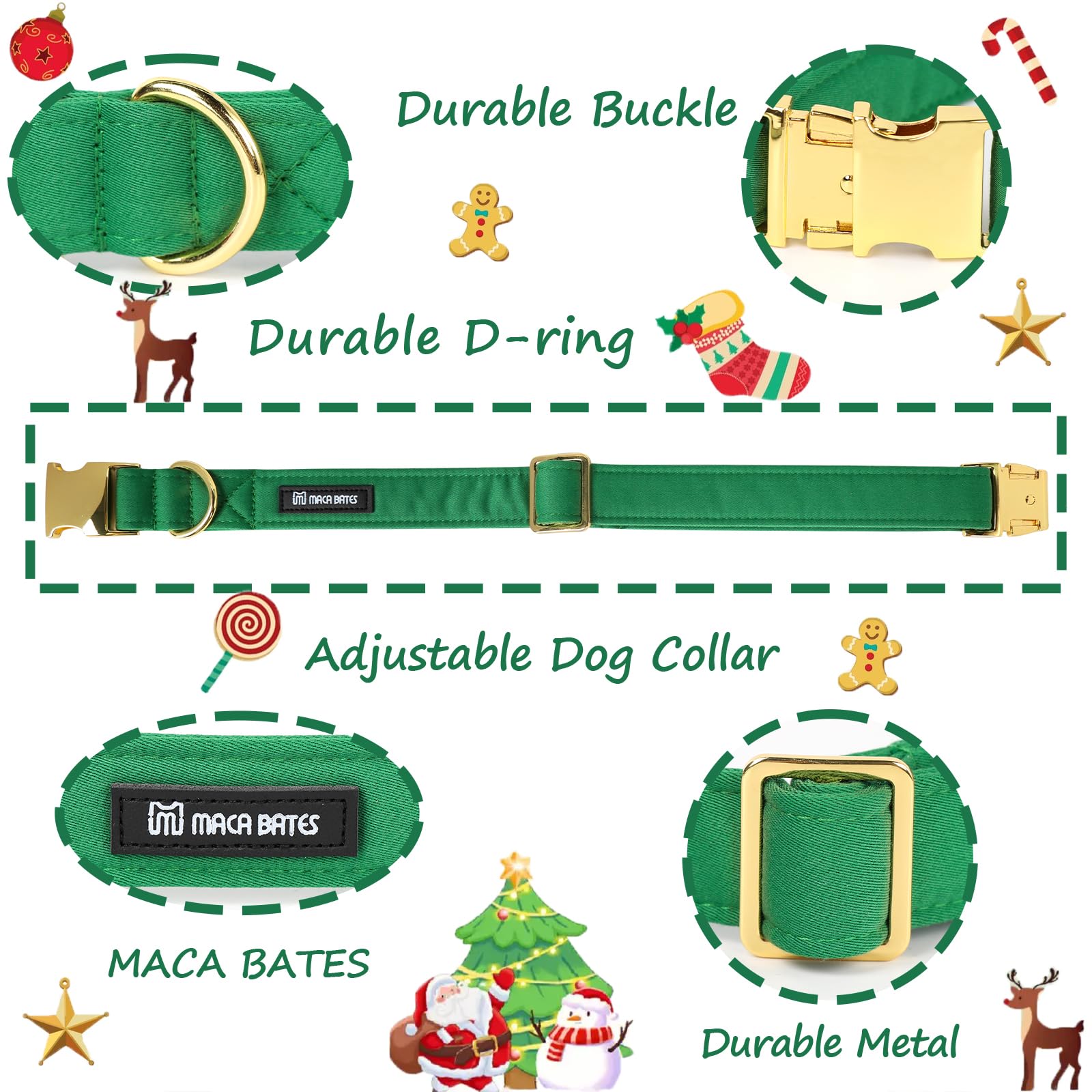 Maca Bates Christmas Collars For Dogs Cotton Soft Green Dog Collar With Metal Buckle Winter Dog Collar Adjustable For Small Medi