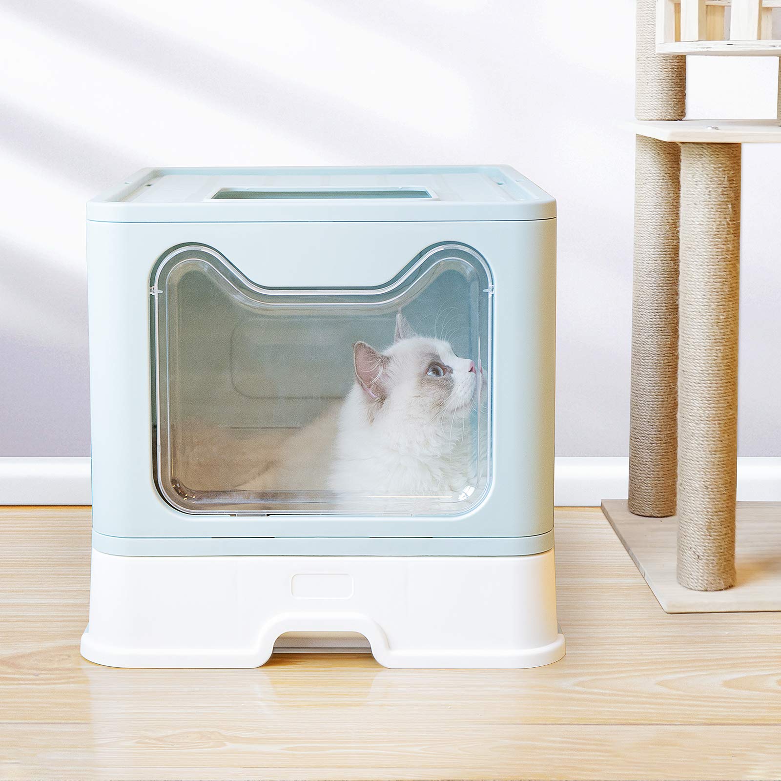 Petphabet Cat Litter Box, Square Foldable Jumbo Hooded Cat Litter Box With Plastic Scoop (Blue)