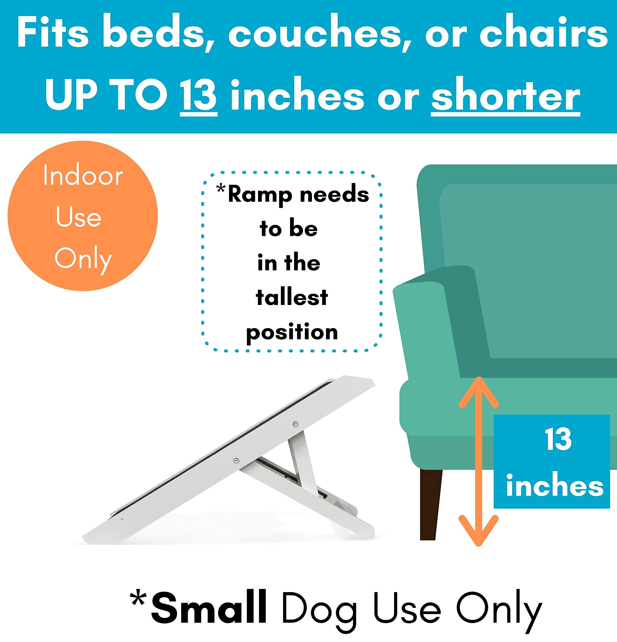 Birdrock Home Adjustable Dog Ramp For Low Beds Or Couches - Small Dogs Or Cats Only - Decorative Wooden Folding Doggie Ramps - Paw Friendly Grip Carpet - White 13'