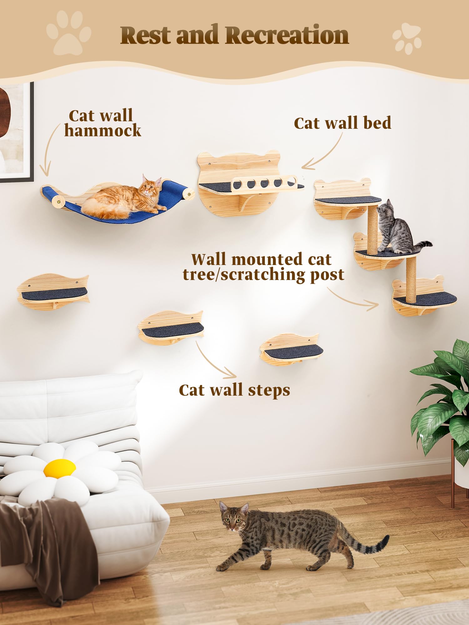 Cat Wall Shelves Furniture Set Cat Shelves For Wall For Large Adult Cats Kittens Wall-Mounted Cat Wall Steps Shelf Perches Climb
