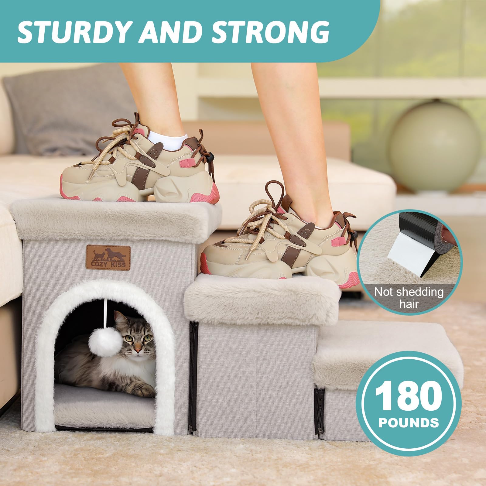 COZY KISS Dog Stairs for Small Dogs with Storage and Condo, 14'' H Foldable Pet Stairs for Small Medium or Puppy Dogs and Older