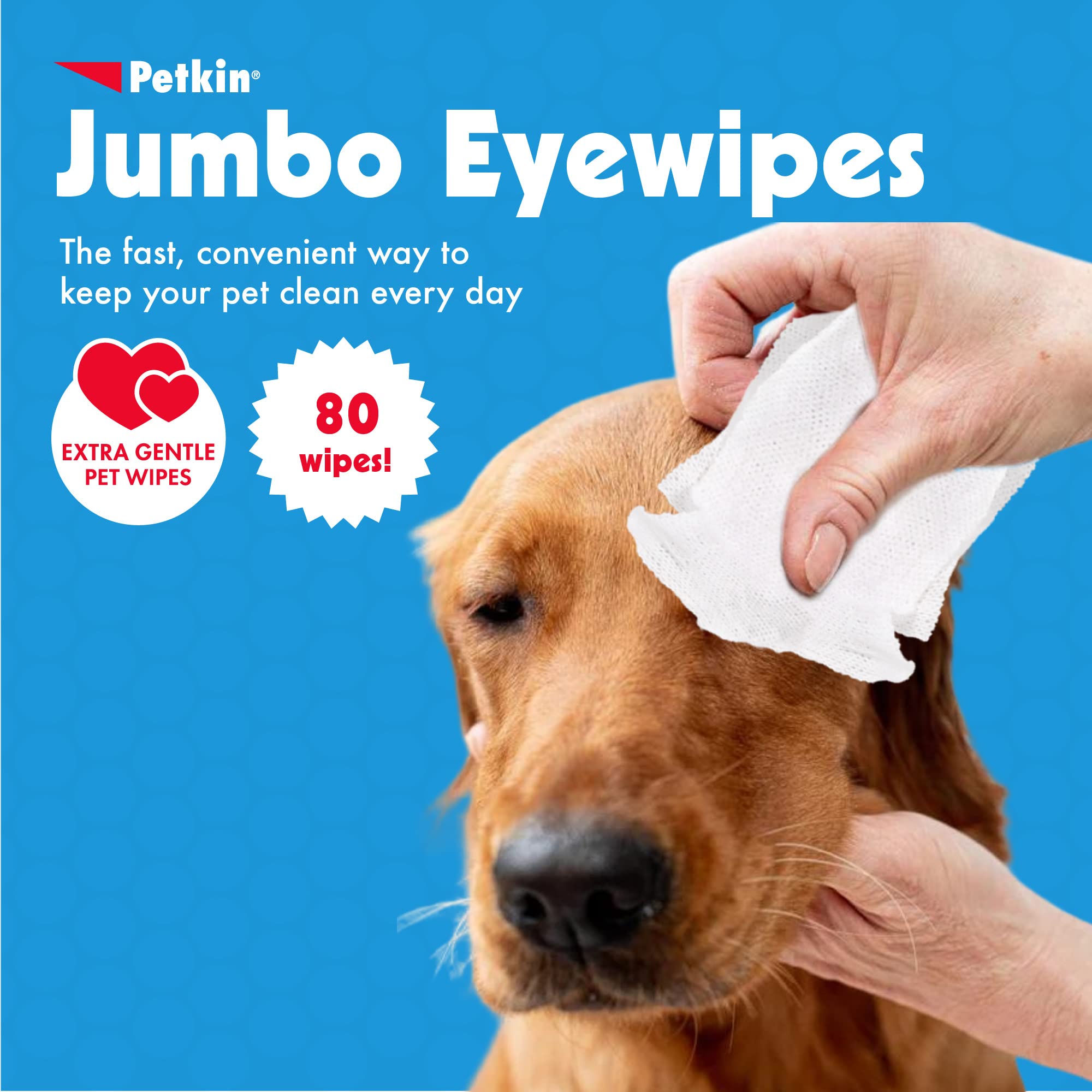 Petkin Jumbo Pet Eye Wipes, 80 Extra Moist Wipes - Gentle Eye Cleansing Wipes Remove Dirt, Discharge, & Tear Stains - Safe, Conv