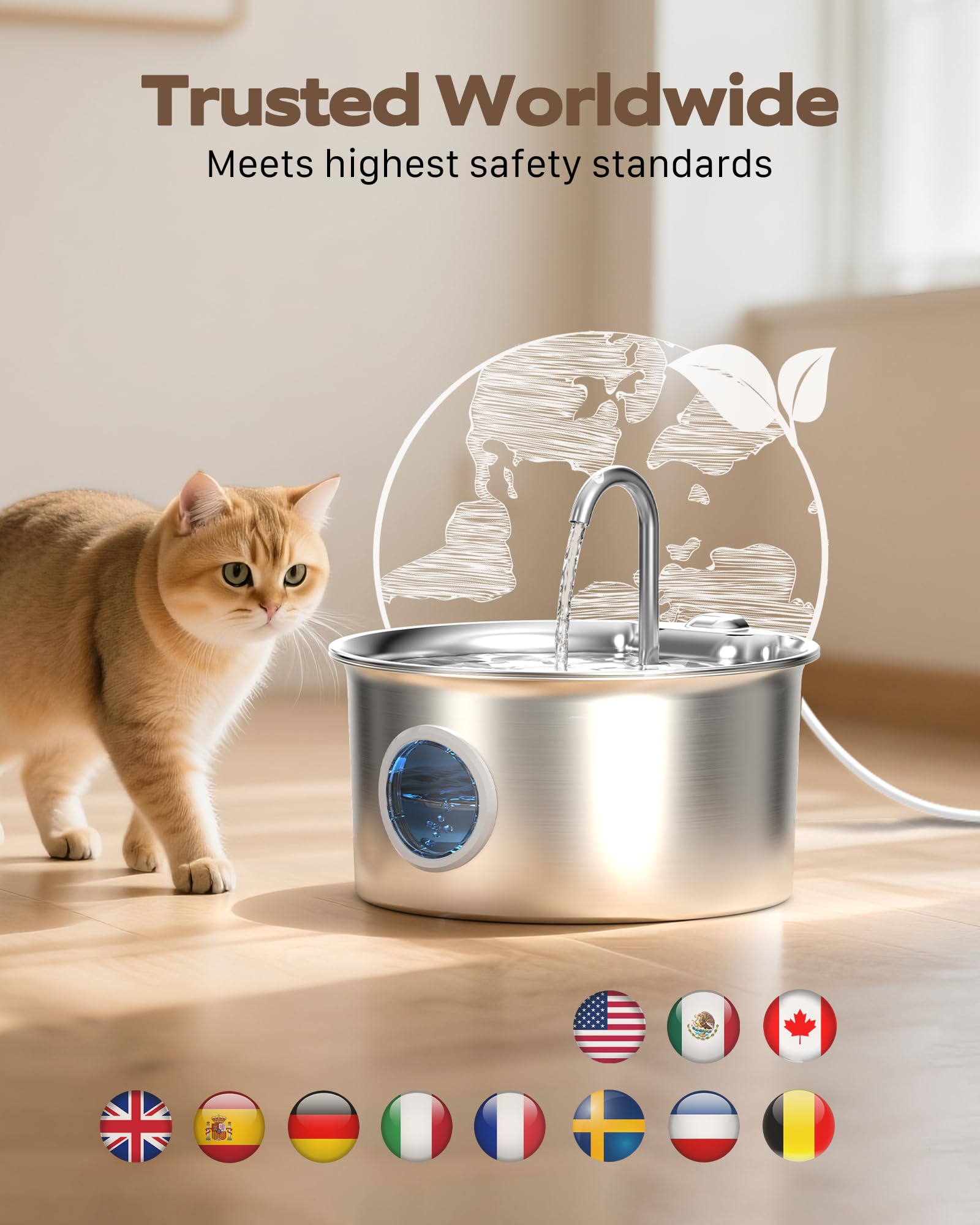 Cat Water Fountain Stainless Steel: Cat Fountain for Drinking - 88oz/2.6L Pet Water Fountain for Cats Indoor - Quiet Cats Water