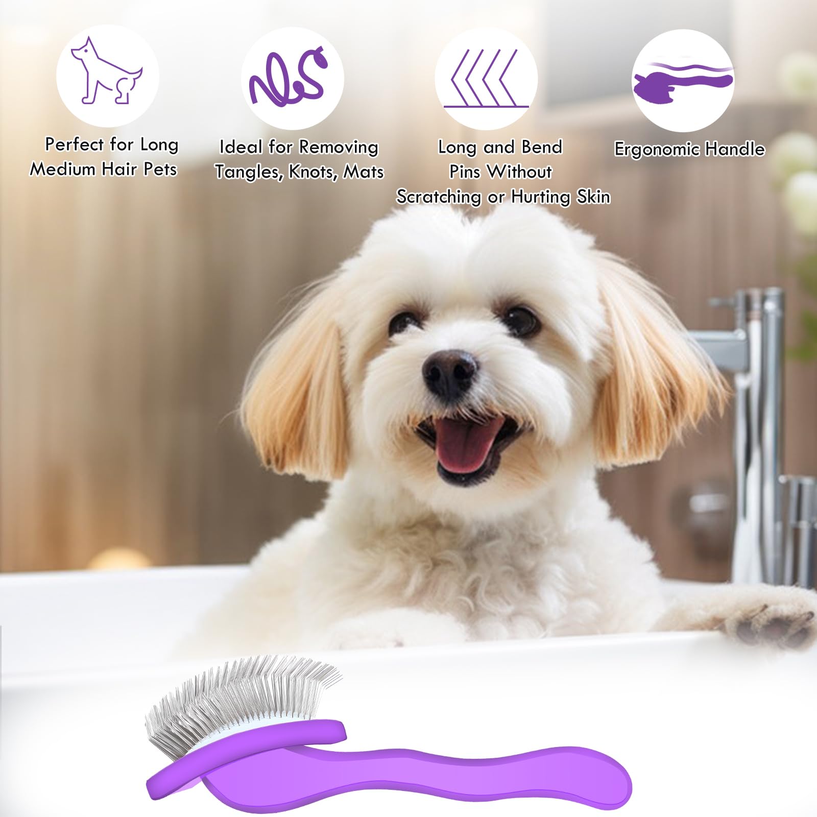 COZYGIFT Long Pin Dog Slicker Brush for Long Haired Dogs, Removes Loose Hair, Tangles and Knots, Professional Pet Grooming Kit,