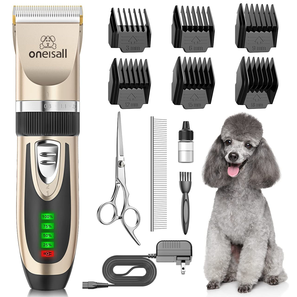 Oneisall Dog Clippers Low Noise, 2-Speed Quiet Dog Grooming Kit Rechargeable Cordless Pet Hair Clipper Trimmer Shaver For Small And Large Dogs Cats Animals (Gold)