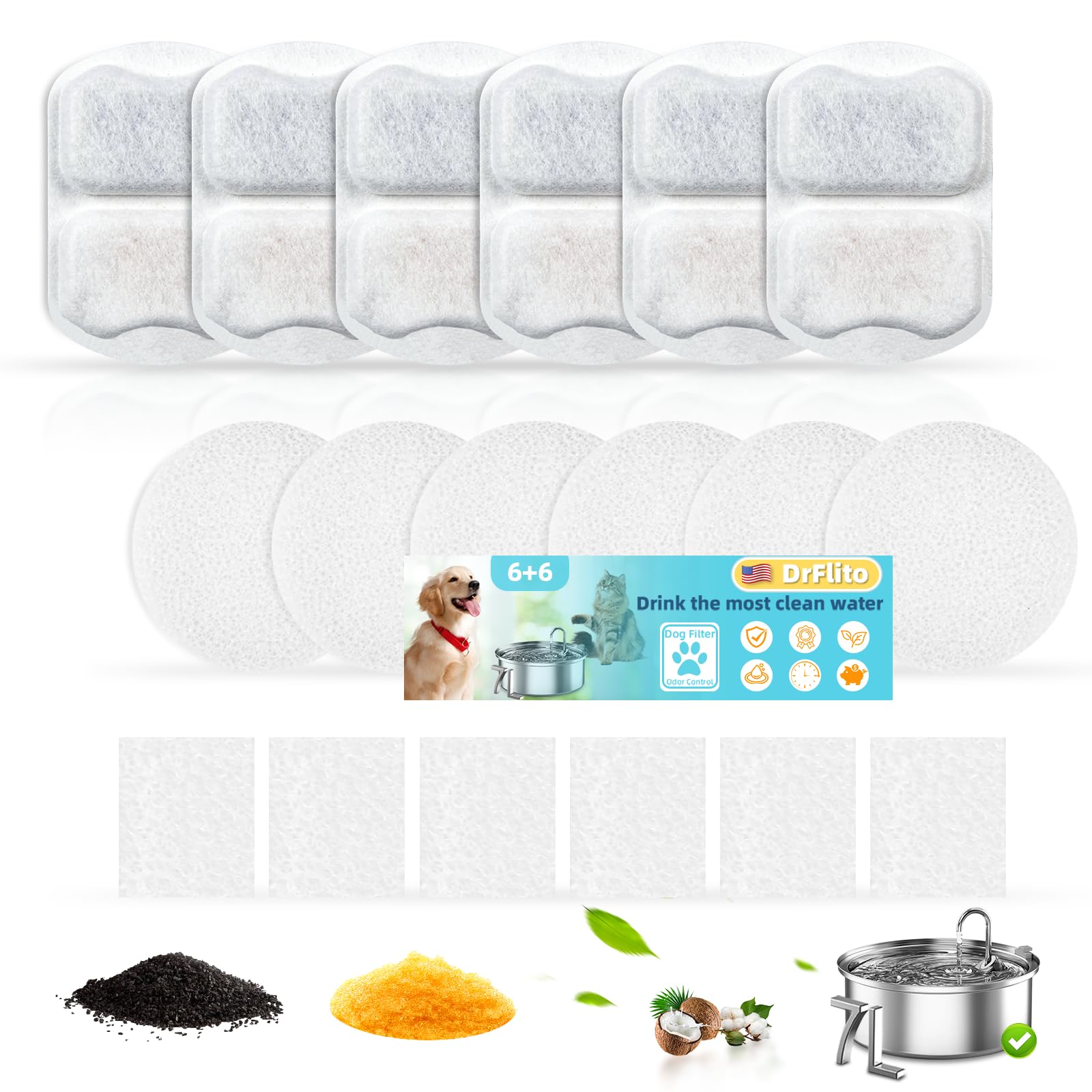 6 Sets Filter Replacement Compatible With Oneisall 7L/230Oz/1.8G Dog Water Fountain, Dog Water Bowl Filter For Stainless Steel P