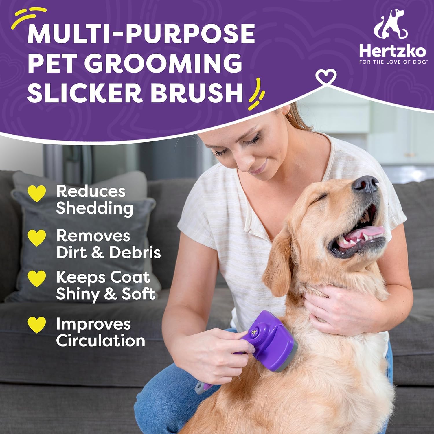 Hertko Dog & Cat Brush, Dog Brush For Shedding, Cat & Dog Grooming, Self Cleaning Slicker Brush For Pets, Grooming Brushes For L