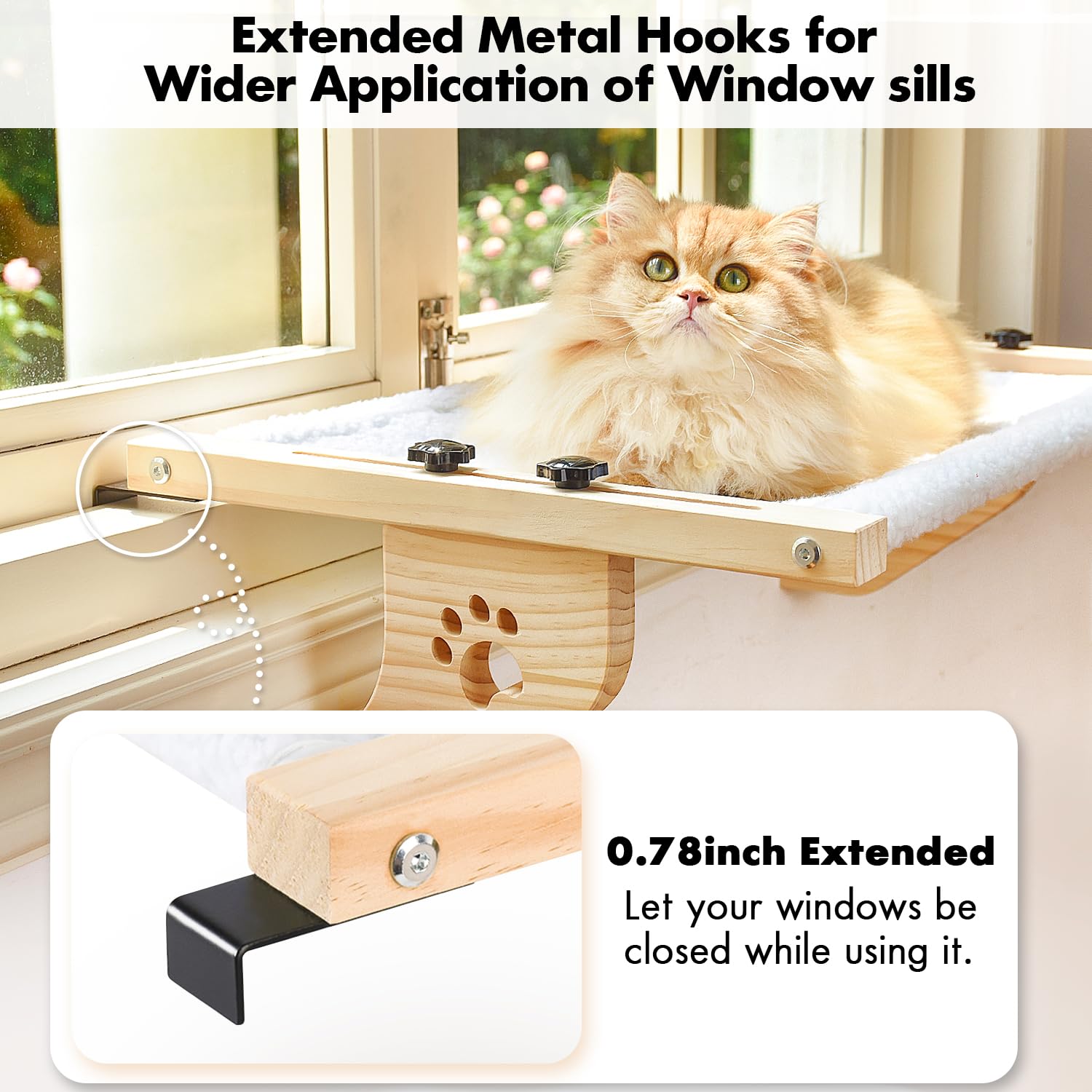 Amosijoy Cat Sill Window Perch Sturdy Cat Hammock Window Seat With Wood & Metal Frame For Large Cats, Easy To Adjust Cat Bed For Windowsill, Bedside, Drawer And Cabinet (24.4''-White Plush)