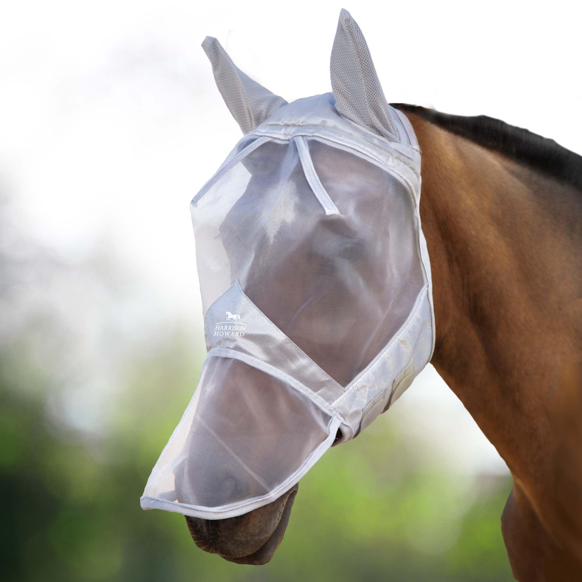 Harrison Howard CareMaster Horse Fly Mask Long Nose with Ears Full Face Moonlight Silver Medium Cob