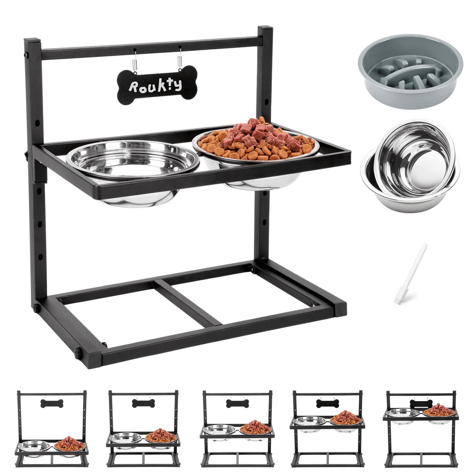 ADENGL Elevated Dog Bowls With Slow Feeder, 5 Height Adjustable Raised Bowl Stand With 2 Stainless Steel Food & Water Bowls for 