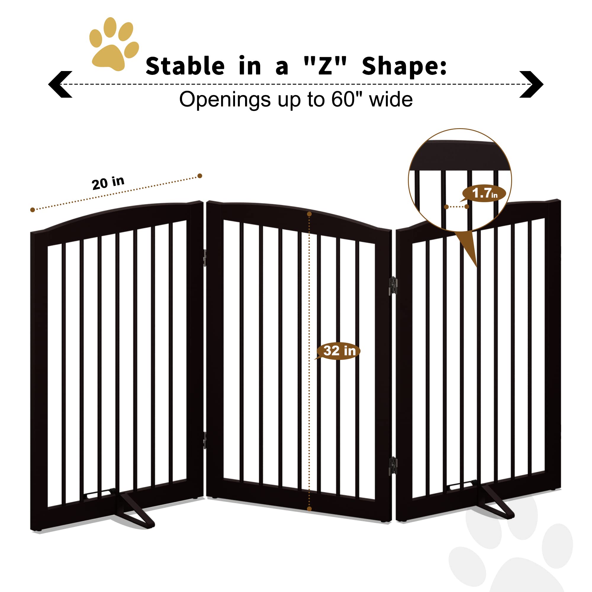 Pupetpo Freestanding Pet Gate For Dogs, Foldable Wooden Dog Gate For House Indoor, Tall Dog Gate For Stair, Doorway,Hall, Step Over Pet Puppy Safety Fence, 3 Panels 32'',Brown