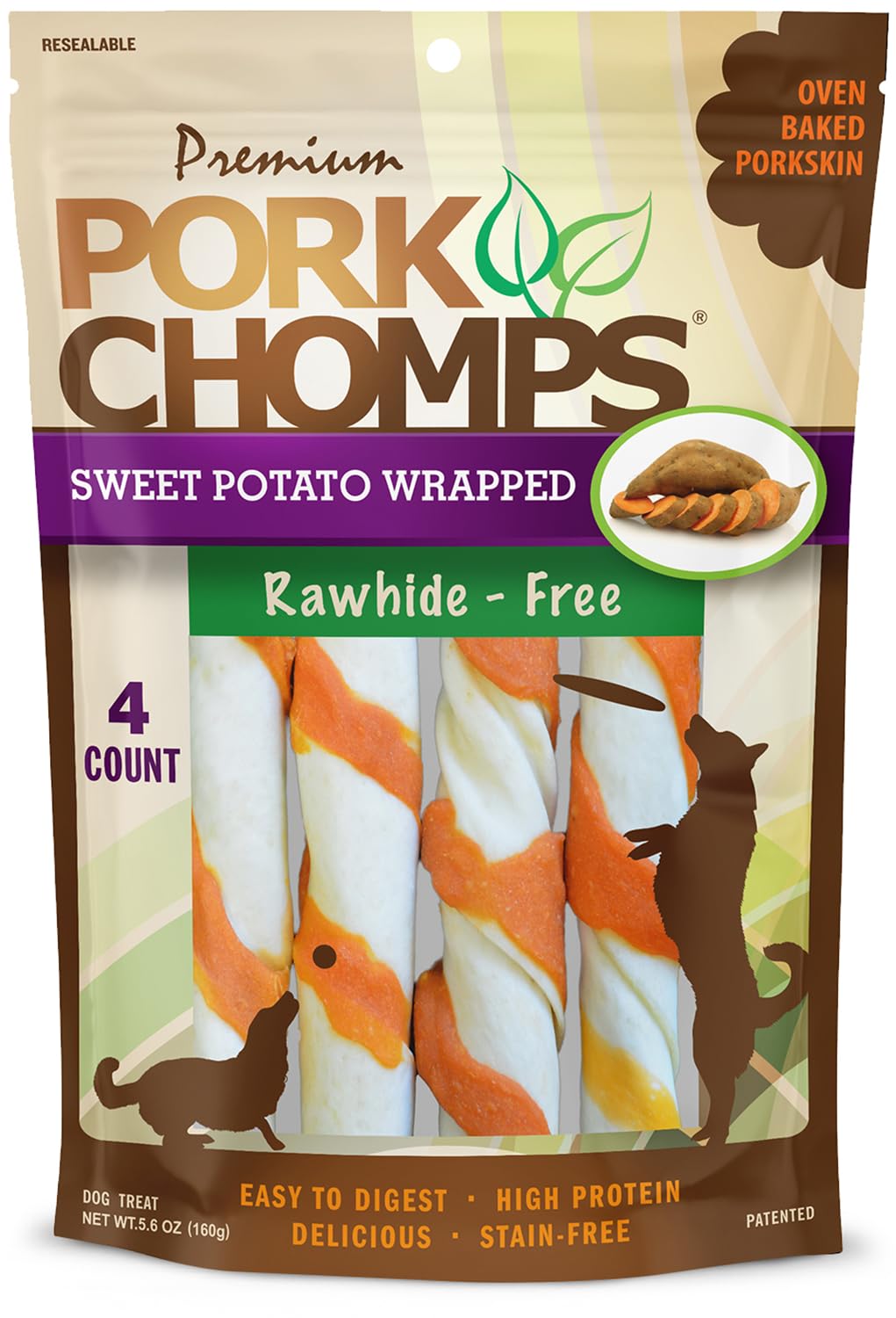 Pork Chomps Baked Pork Skin Dog Chews, 6-Inch Twists, Real Sweet Potato Wrap, 4 Count