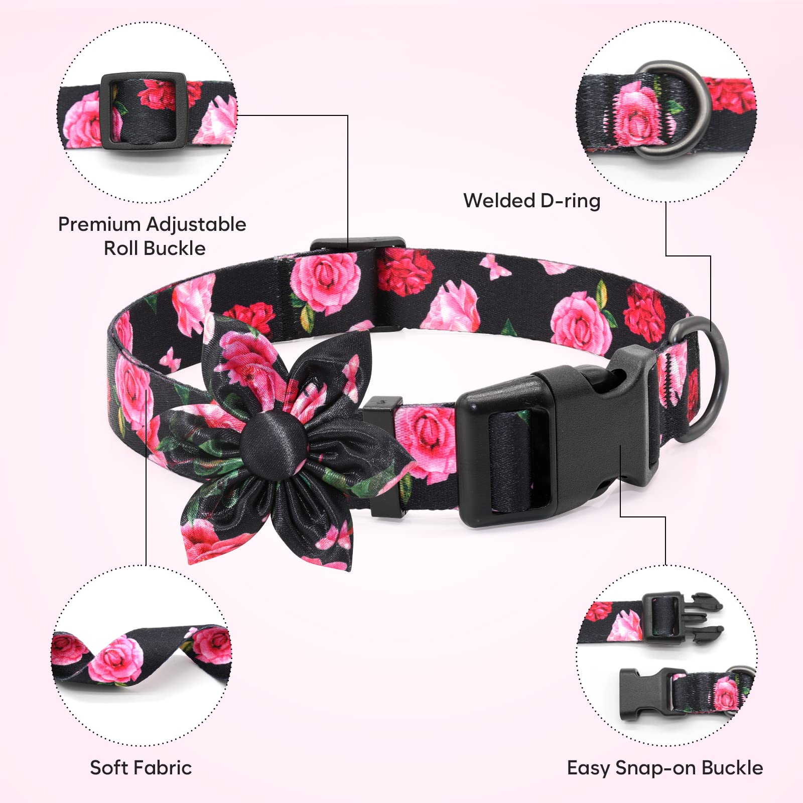 Floral Girl Pink Dog Collar With Rose Flower Bow Tie For Cute Female Cats & Dogs - Small To Large Sizes