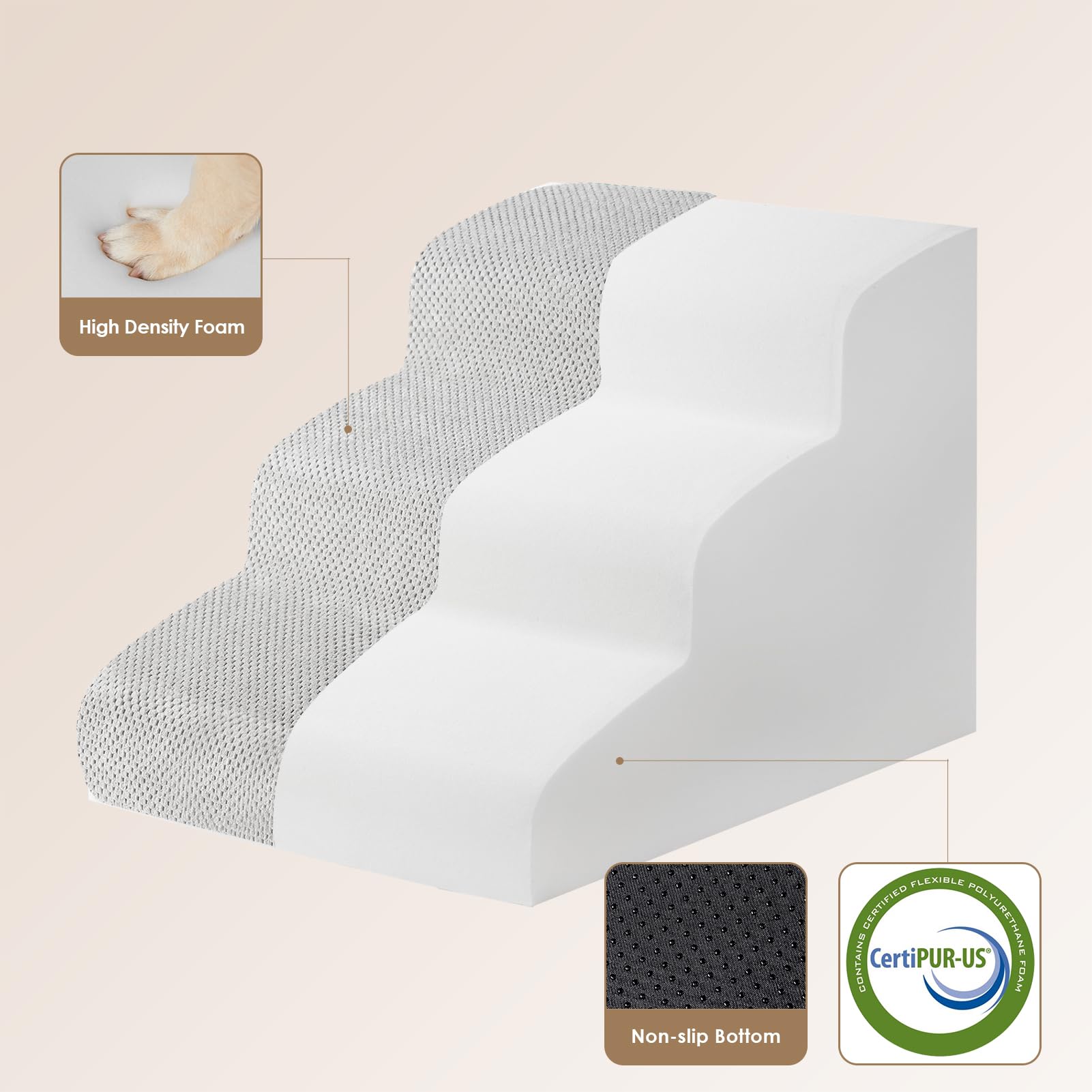 Eheyciga Curved Dog Stairs Ramp For Small Dogs 15.7' H, 3-Step Dog Steps For Couch Sofa And Chair, Pet Stairs For Cats, Non-Slip Balanced Pet Steps Indoor, Light Grey