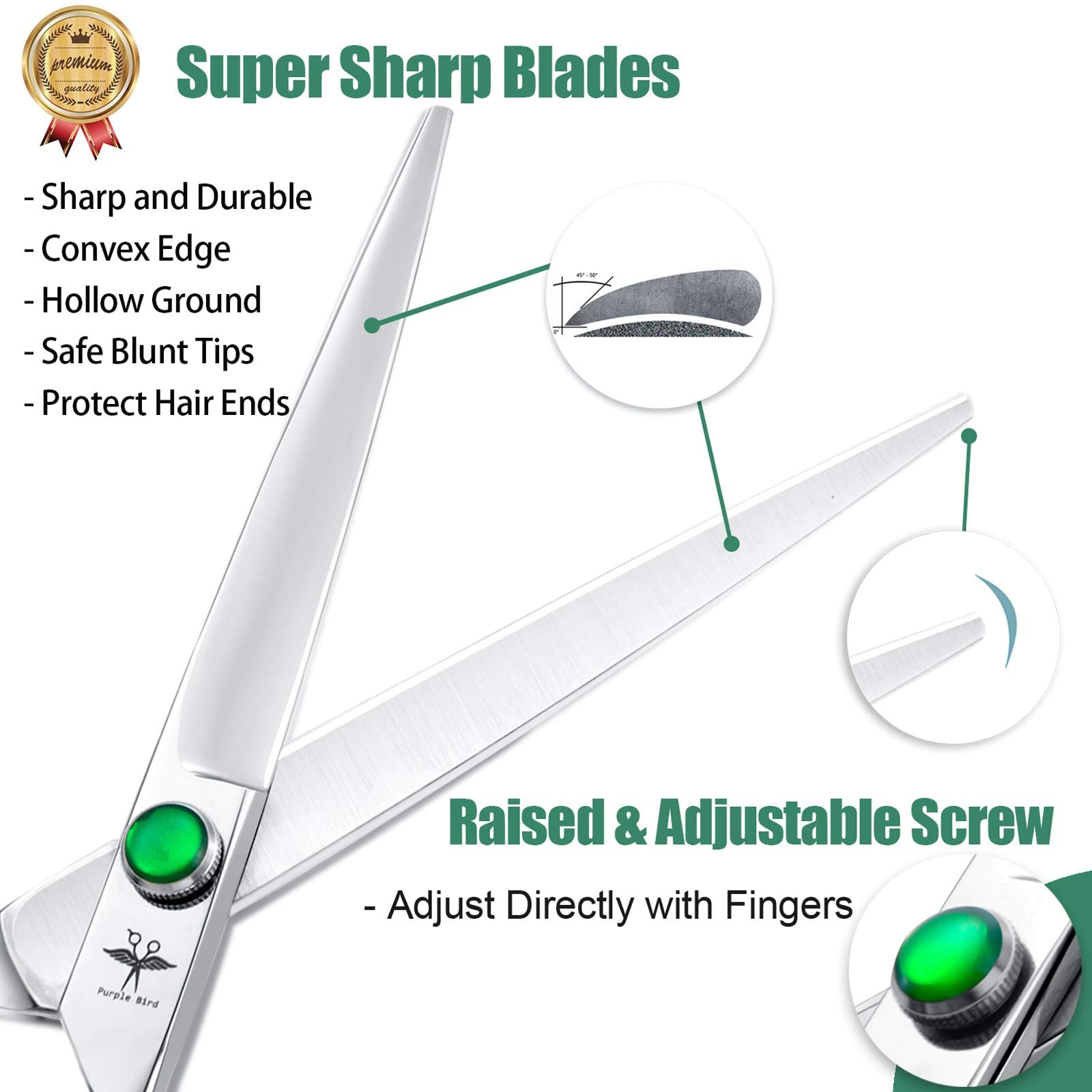 Purplebird 7 Inch Straight Dog Grooming Scissors Professional Pet Cutting Shears Safety Noiseless Blunt Tip Trimming Shearing Fo