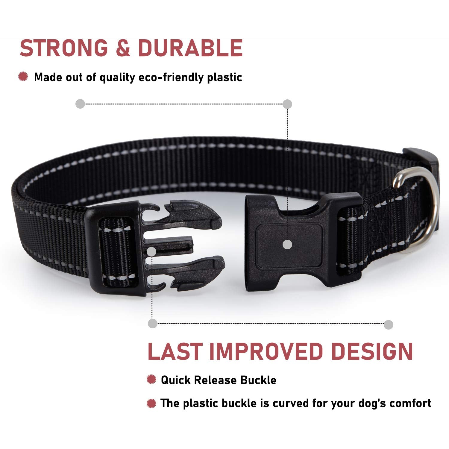 Reflective Dog Collar With Buckle Adjustable Safety Nylon Collars For Small Medium Large Dogs, Black Xxs