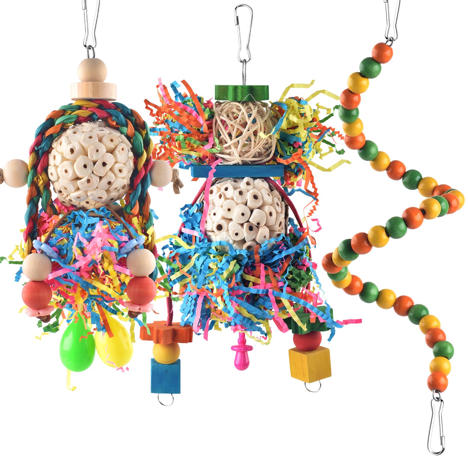 Bissap Conure Toys, 3 Pcs Parrot Foraging Shredder Hanging Toys Sola Balls With Sand Hammer Perch Swing Climbing For Small Parro